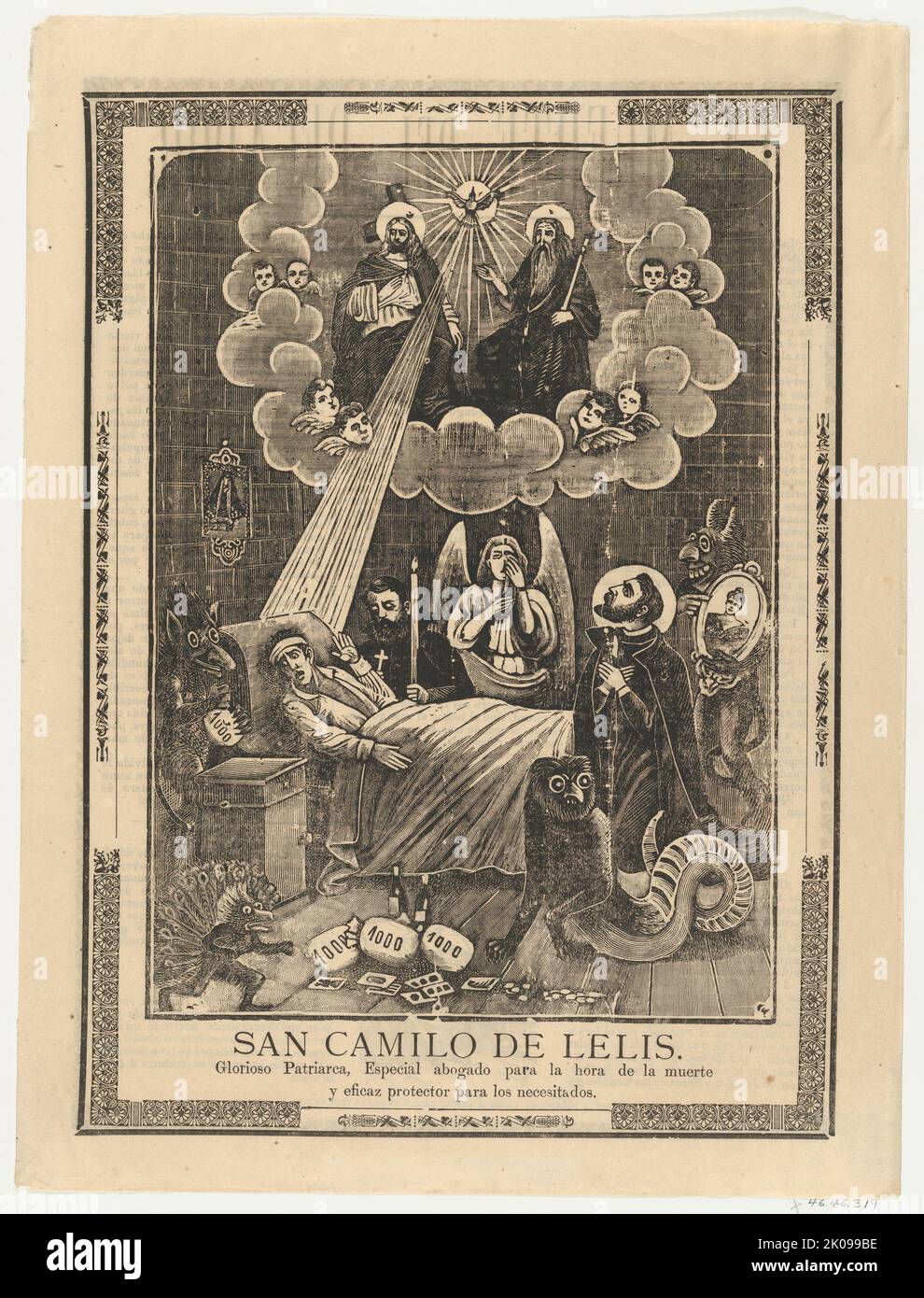 Broadsheet mit dem Heiligen Camilo de Lelis im Bett, umgeben von Dämonen, Priestern und der Heiligen Dreifaltigkeit oben, ca. 1900-10. Stockfoto