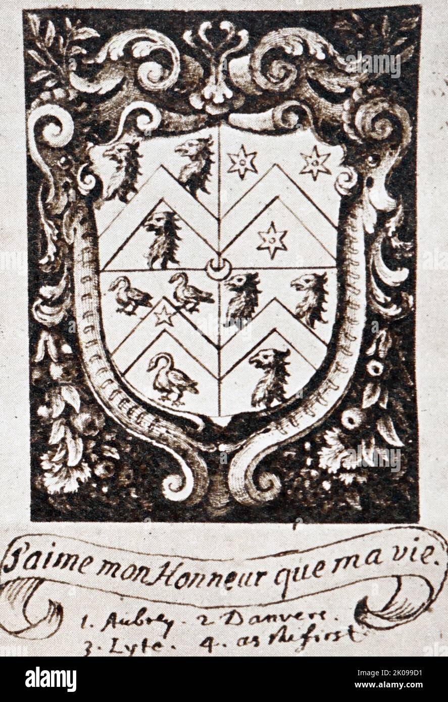 John Aubreys Exlibris Exlibris. John Aubrey FRS (12. März 1626 - 7. Juni 1697) war ein englischer Antiquar, Naturphilosoph und Schriftsteller. Er ist vielleicht am besten bekannt als der Autor von The Brief Lives, seiner Sammlung von kurzen biografischen Stücken. Stockfoto