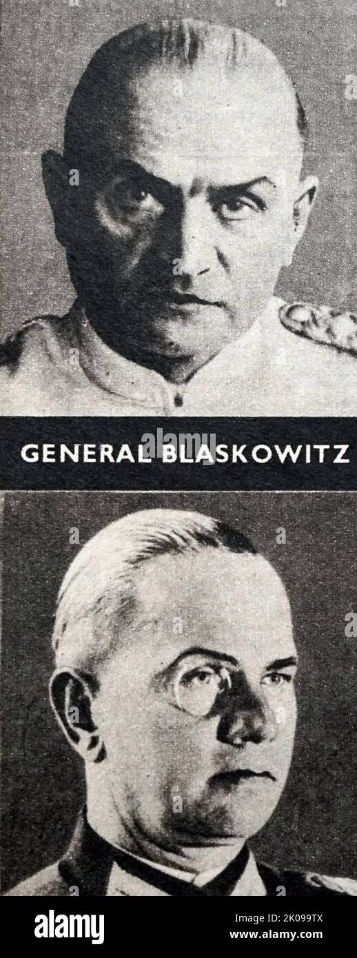 General Blaskowitz. Johannes Albrecht Blaskowitz (10. Juli 1883 - 5. Februar 1948) war während des Zweiten Weltkriegs deutscher General und erhielt das Ritterkreuz des Eisernen Kreuzes mit Eichenblättern und Schwertern. Blaskowitz führte die Armee von 8. während der Invasion Polens an und war von 1939 bis 1940 Oberbefehlshaber des besetzten Polens; Er hatte mehrere Memoranden für das deutsche Oberkommando geschrieben, um gegen die SS-Gräueltaten zu protestieren und Angehörige der SS wegen Verbrechen an der Zivilbevölkerung zu Todesurteilen verurteilt. Er wurde entlassen, aber dann wieder ernannt. Nach dem Krieg wurde er wegen kriegsverbriegs angeklagt Stockfoto