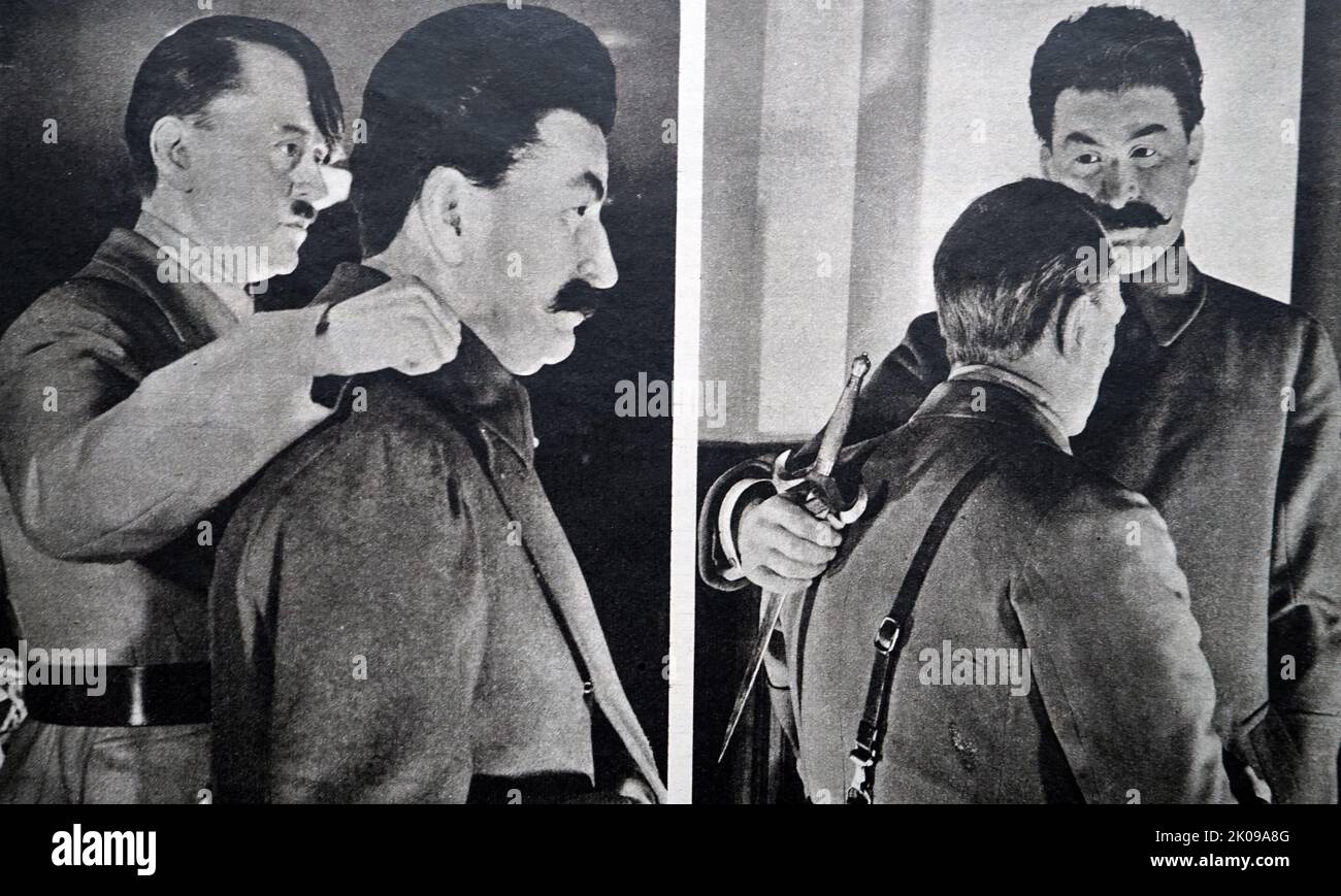 Wachsarbeiten von Adolf Hitler und Joseph Stalin. Adolf Hitler (20. April 1889 - 30. April 1945) war ein in Österreich geborener deutscher Politiker, der von 1933 bis zu seinem Tod 1945 der Diktator Deutschlands war. Er stieg als Führer der Nazi-Partei an die Macht, wurde 1933 Kanzler und übernahm 1934 den Titel eines Führers und Reichskanzlers. Während seiner Diktatur initiierte er den Zweiten Weltkrieg in Europa, indem er am 1. September 1939 in Polen einmarschierte. Er war während des gesamten Krieges eng an militärischen Operationen beteiligt und stand im Mittelpunkt der Verewigung des Holocaust, des Genozids an etwa sechs Millionen je Stockfoto