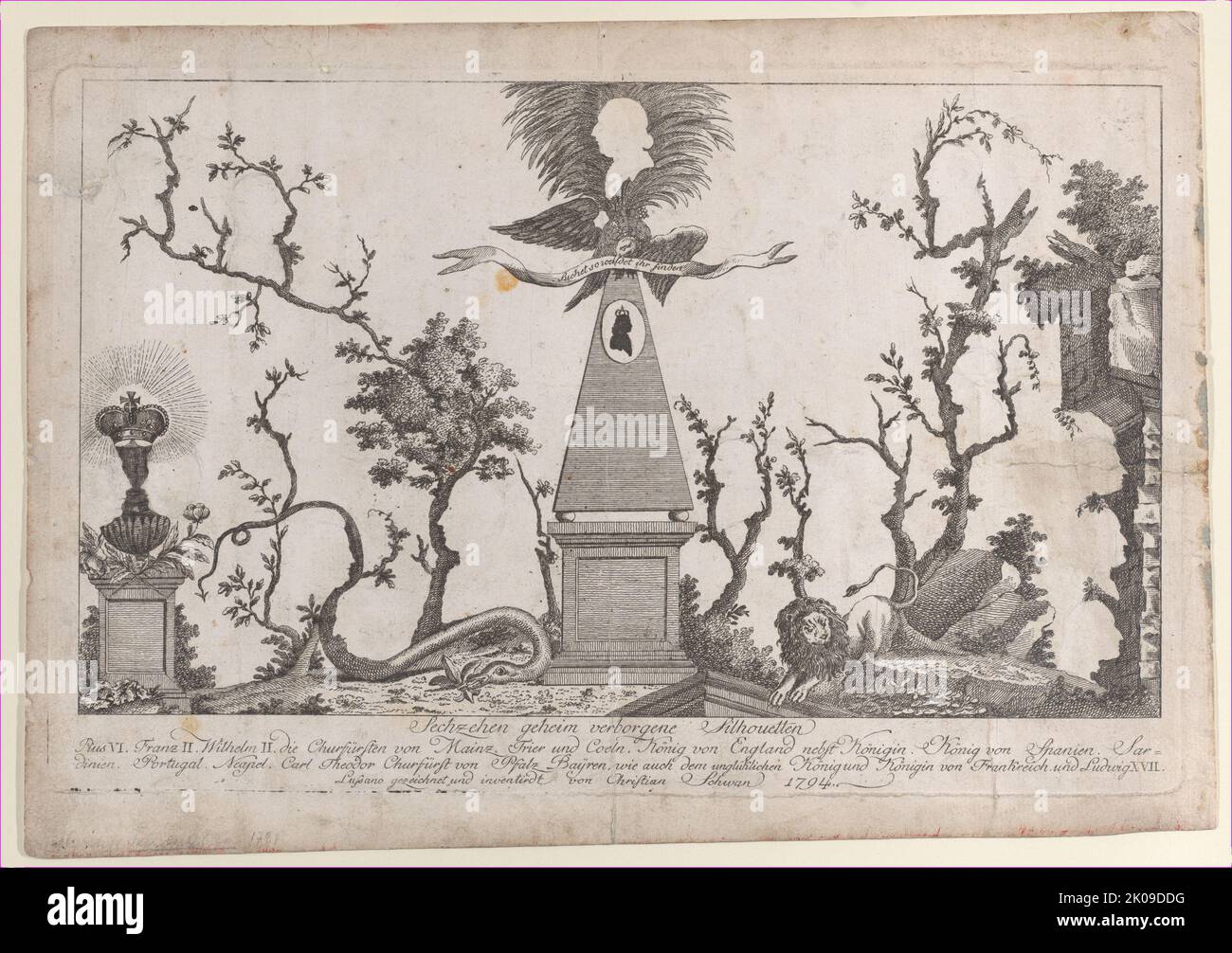 Versteckte Silhouetten der Herrscher Europas, 1794. Stockfoto