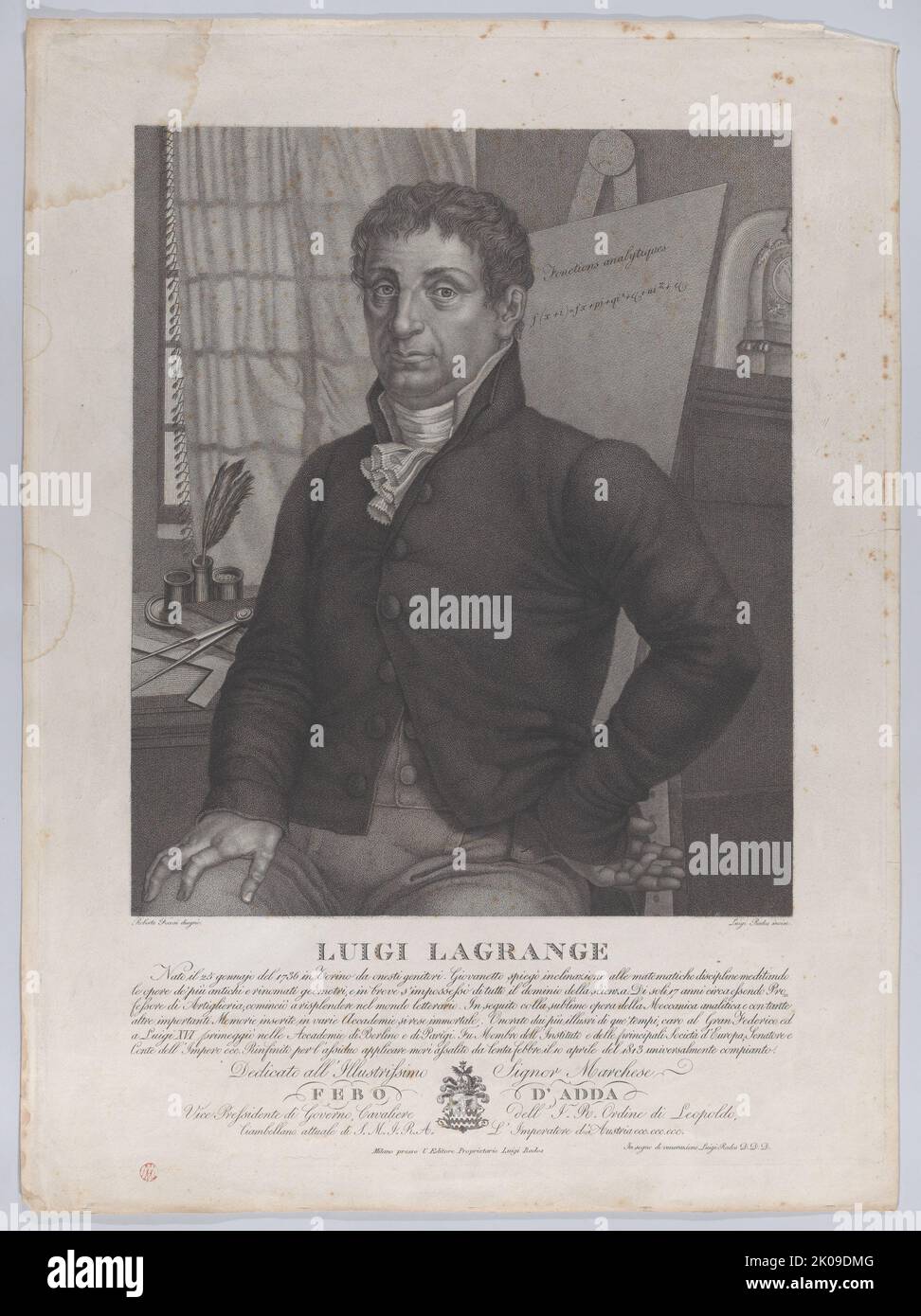 Porträt von Luigi Lagrange, mit einer Staffelei hinter ihm auf der rechten Seite mit einer mathematischen Gleichung, 1827. Stockfoto