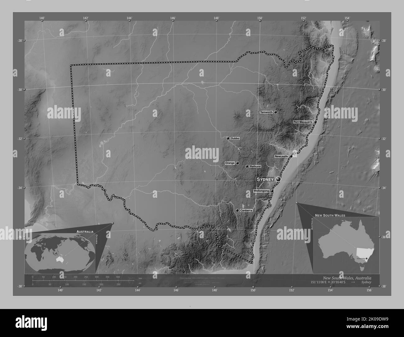 New South Wales, Bundesstaat Australien. Höhenkarte in Graustufen mit Seen und Flüssen. Orte und Namen der wichtigsten Städte der Region. Zusatzecke Stockfoto