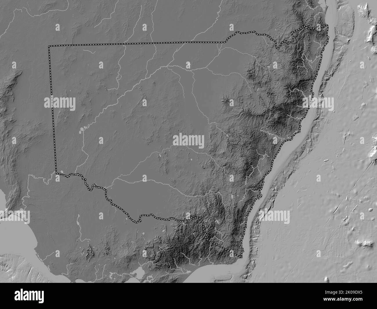 New South Wales, Bundesstaat Australien. Bilevel-Höhenkarte mit Seen und Flüssen Stockfoto