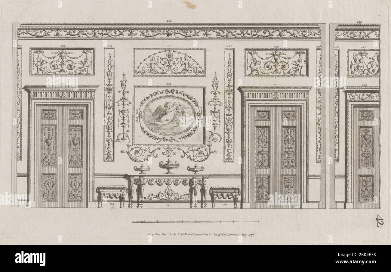Inneneinrichtung verzierte Wand mit Türen, Nr. 228-239 ("Entwürfe für verschiedene Ornamente", pl. 42), 17. Juli 1791. Stockfoto