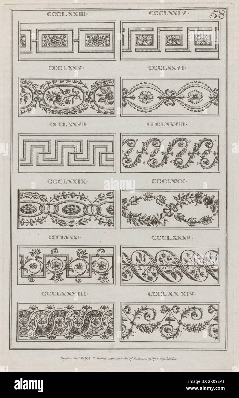 Ornamenttafeln, Nr. CCCLXXIII-CCLXXXIV ("Entwürfe für verschiedene Ornamente", pl. 58), 29. April 1791. Stockfoto