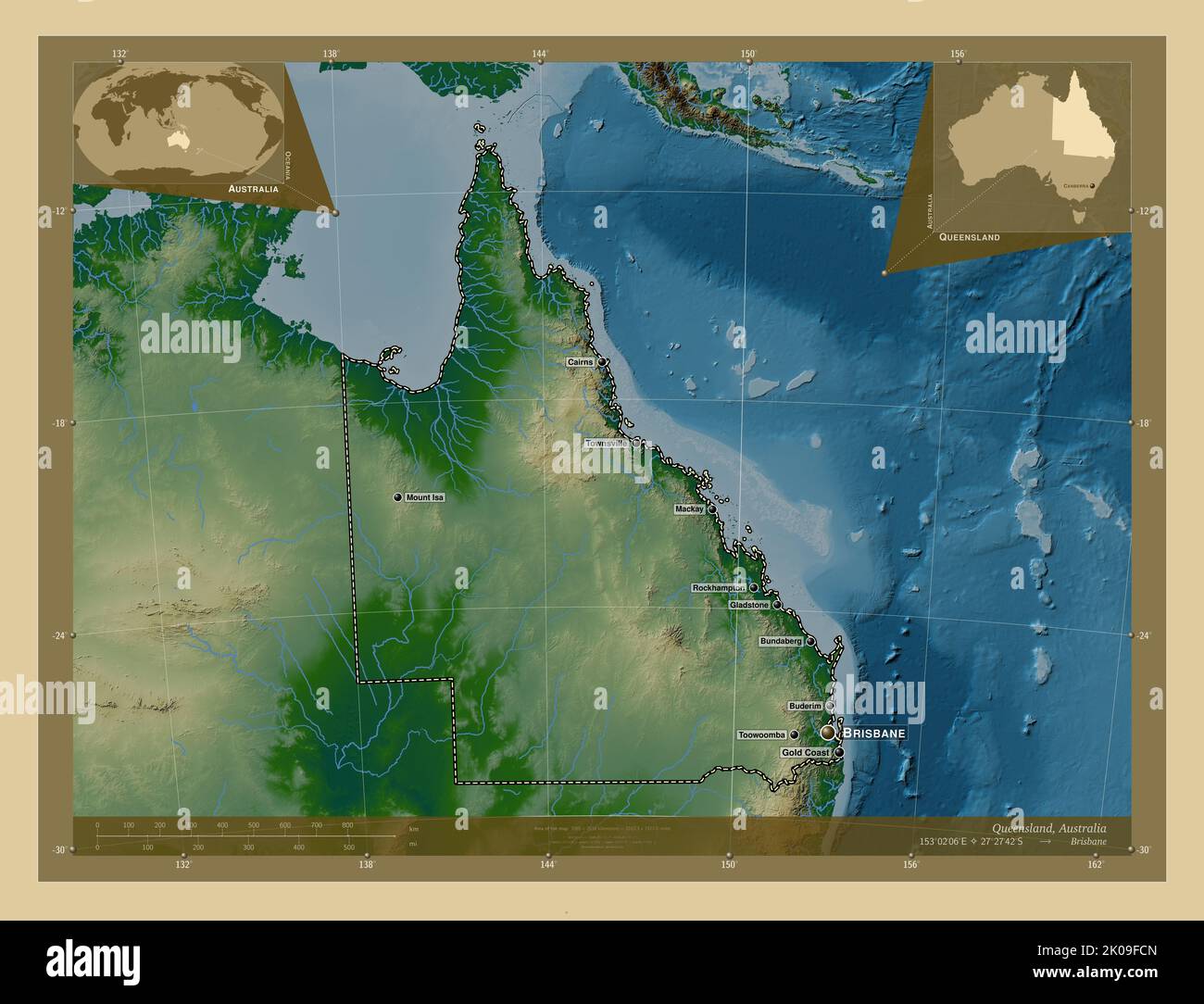 Queensland, Bundesstaat Australien. Farbige Höhenkarte mit Seen und Flüssen. Orte und Namen der 