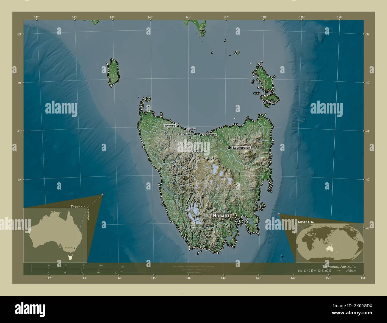 Tasmanien, Bundesstaat Australien. Höhenkarte im Wiki-Stil mit Seen und ...