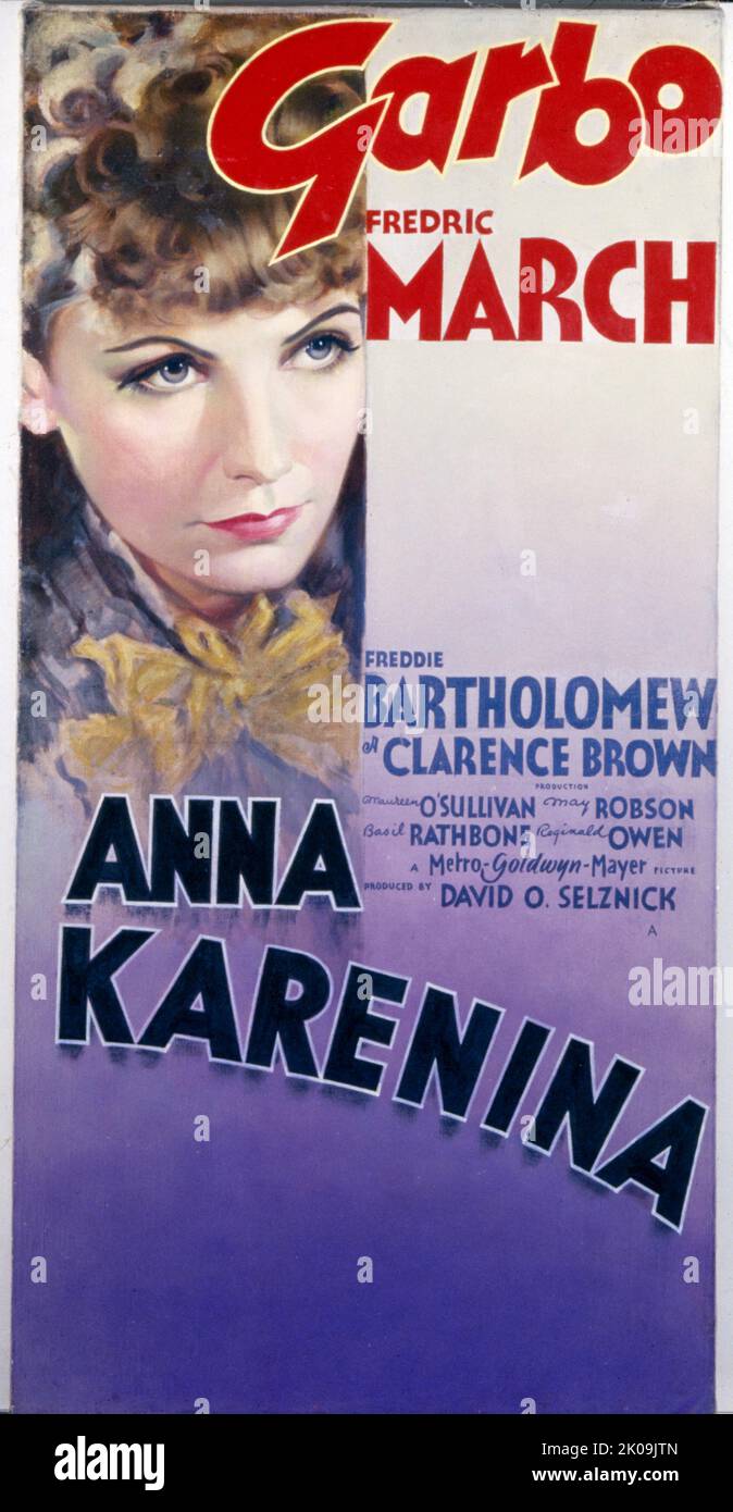 Filmplakat für 'Anna Karenina' eine Metro-Goldwyn-Mayer-Verfilmung des Romans Anna Karenina von Leo Tolstoi aus dem Jahr 1935 von Clarence Brown aus dem Jahr 1877. Der Film zeigt Greta Garbo, Fredric March, Basil Rathbone und Maureen O'Sullivan. Stockfoto