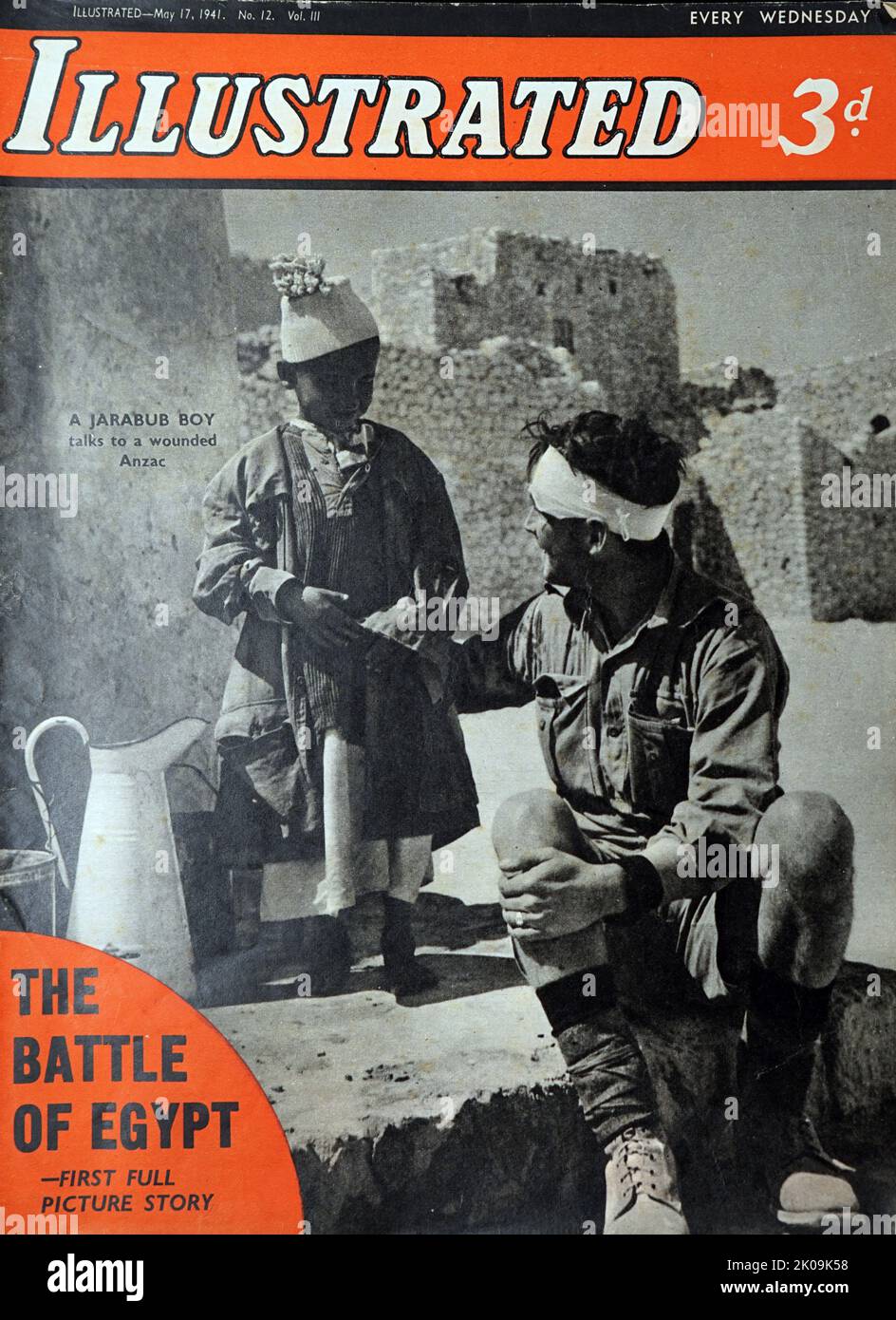 Die Schlacht von Ägypten. Ein Jarabub-Junge spricht mit einem verwundeten Anzac. Ägypten war während des Zweiten Weltkriegs ein großes Schlachtfeld in der nordafrikanischen Kampagne, wo die erste und zweite Schlacht von El Alamein ausgetragen wurde. Stockfoto