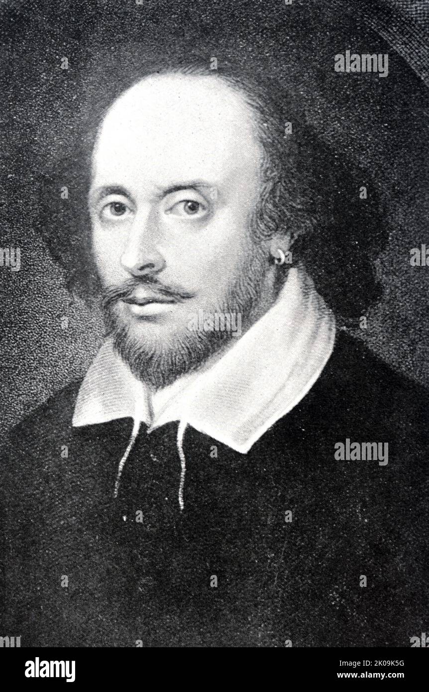 William Shakespeare (1564 - 1616) englischer Dramatiker, Dichter und Schauspieler, weithin als der größte Schriftsteller in der englischen Sprache und der größte Dramatiker der Welt angesehen. Er wird oft als Englands Nationaldichter und der 'Bard of Avon' (oder einfach 'der Bard') bezeichnet. Stockfoto