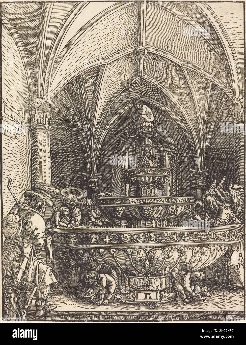 Der Rest auf der Flucht nach Ägypten an einem Brunnen, c. 1512/1515. Stockfoto