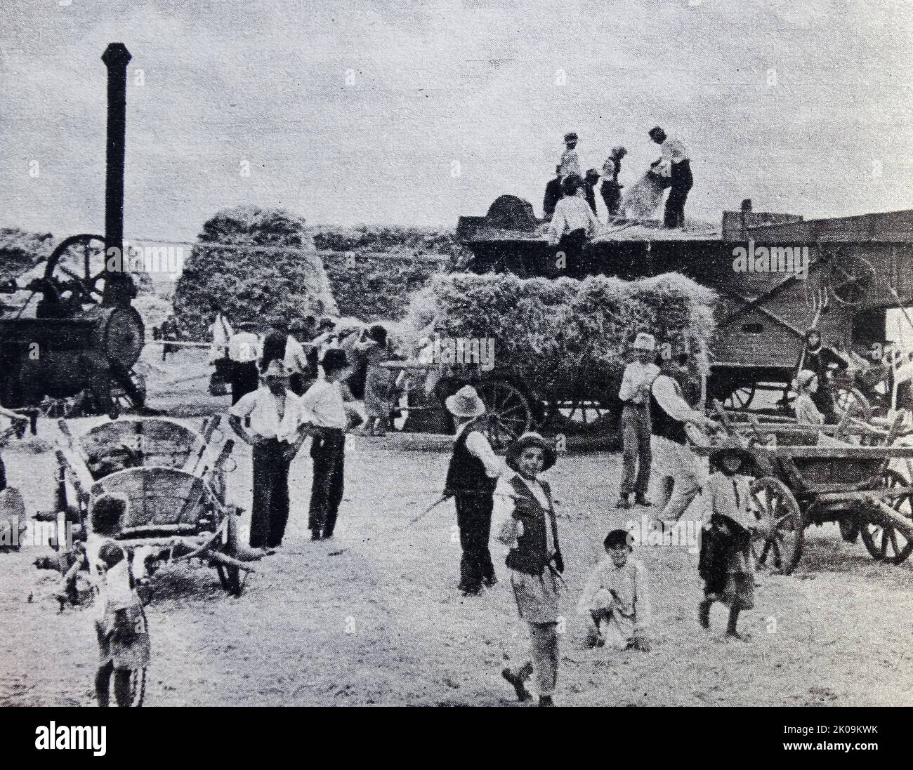 Dreschzeit auf einem rumänischen Bauernhof mit Familie und Nachbarn. Stockfoto