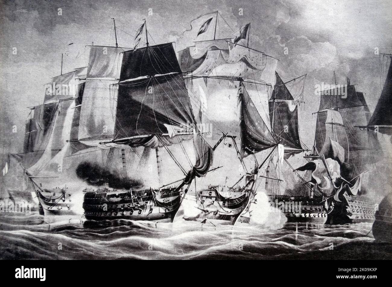 Die Schlacht von Trafalgar (21. Oktober 1805) war ein Seeeinsatz zwischen der britischen Royal Navy und den kombinierten Flotten der französischen und spanischen Marine während des Krieges der Dritten Koalition (August-Dezember 1805) der Napoleonischen Kriege (1803-1815). Zeichnung. Als Teil von Napoleons Plänen, England zu erobern, Vereinigten sich die französischen und spanischen Flotten, um die Kontrolle über den Ärmelkanal zu übernehmen, aber sie begegneten der britischen Flotte unter Admiral Lord Nelson. Die anschließende heftige Schlacht führte zu einem Verlust von 22 alliierten Schiffen, während die Briten keine verloren. Stockfoto