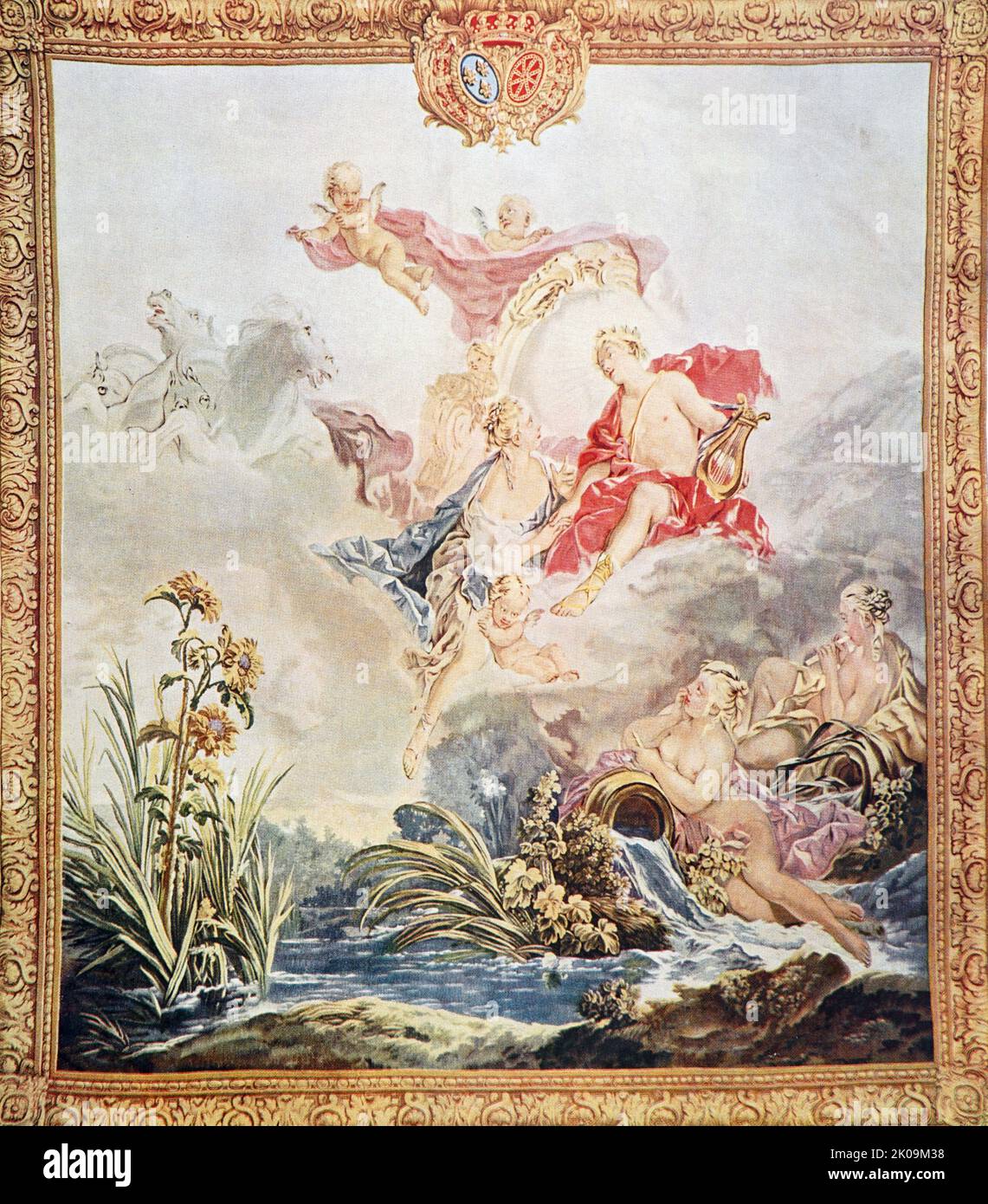 Wandteppich Royal Beauvais nach einem Entwurf von Francois Boucher. Francois Boucher (29. September 1703 - 30. Mai 1770) war ein französischer Maler, Zeichner und Radierer, der im Rokoko-Stil arbeitete. Stockfoto