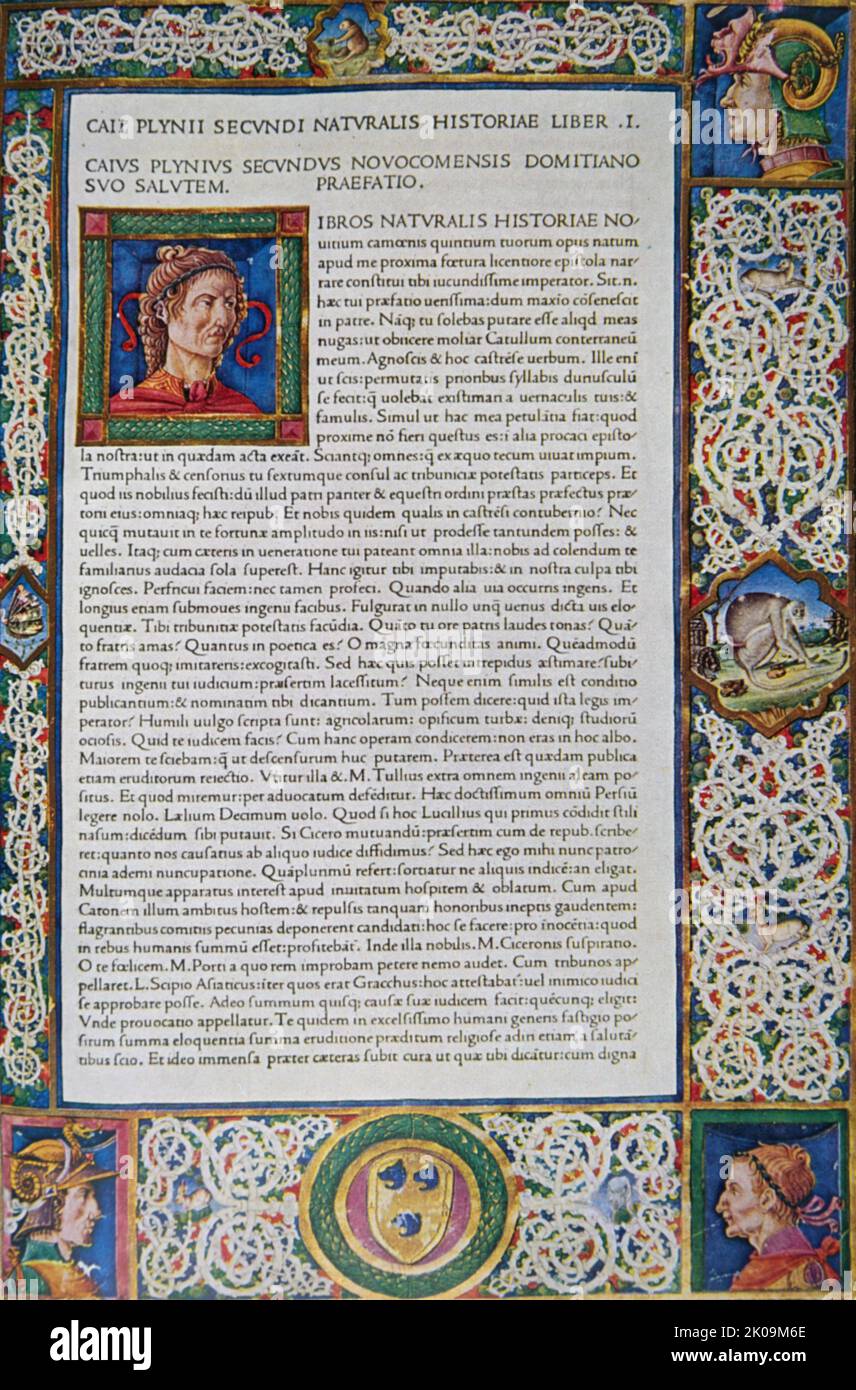Jacopo Filippo D'Argenta: Beleuchtete Seite - Plinius, Historia Naturalis. Venedig, Jenson. 1472. Stockfoto