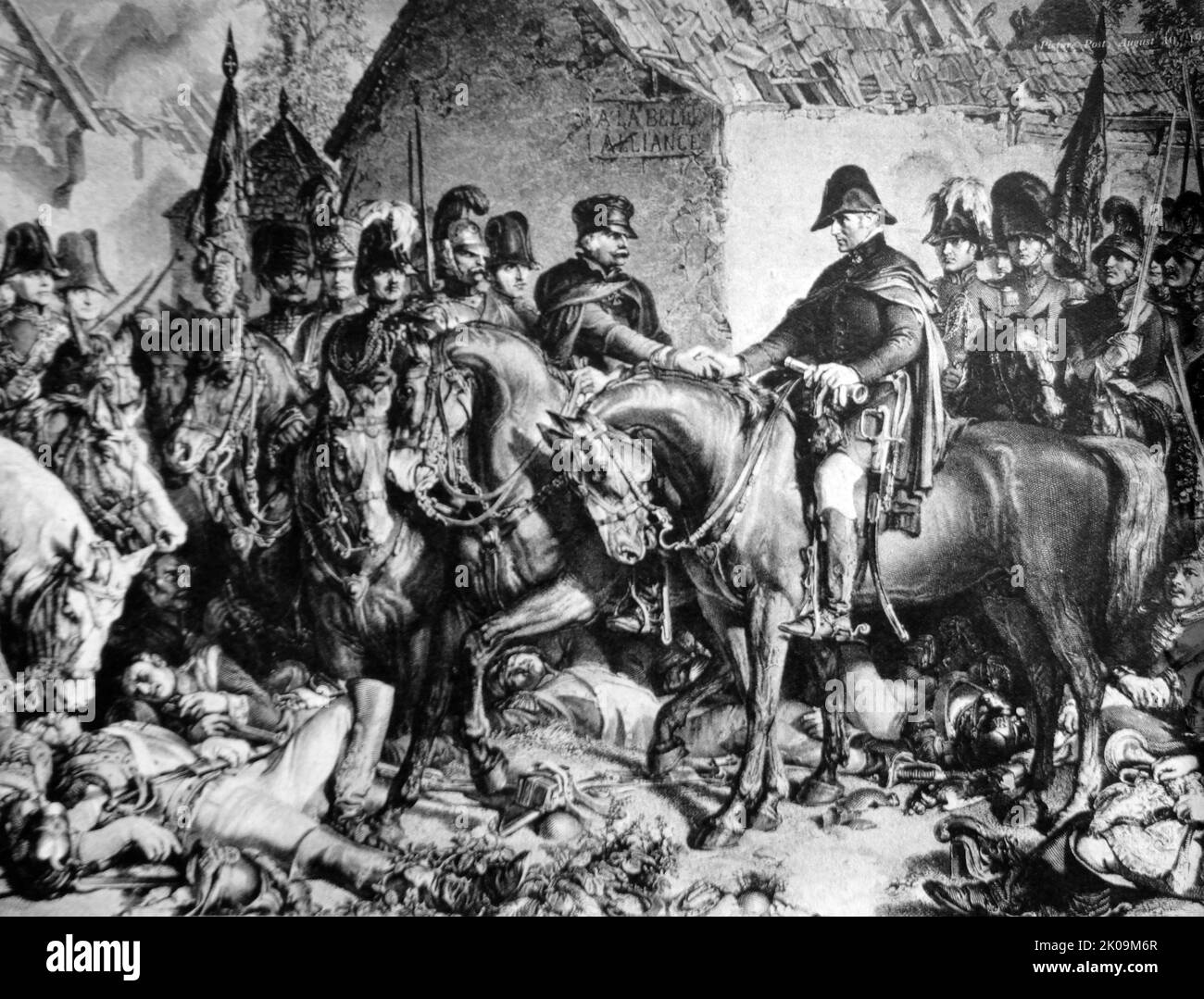 Großbritannien nimmt die Landoffensive wieder auf: Der Sieg von Waterloo 1815. Die Schlacht von Waterloo wurde am Sonntag, den 18. Juni 1815, in der Nähe von Waterloo in Belgien, einem Teil des Vereinigten Königreichs der Niederlande, ausgetragen. Eine französische Armee unter dem Kommando von Napoleon Bonaparte wurde von zwei Armeen der Siebten Koalition, einer von Großbritannien geführten Koalition unter dem Kommando des Herzogs von Wellington, besiegt. Stockfoto