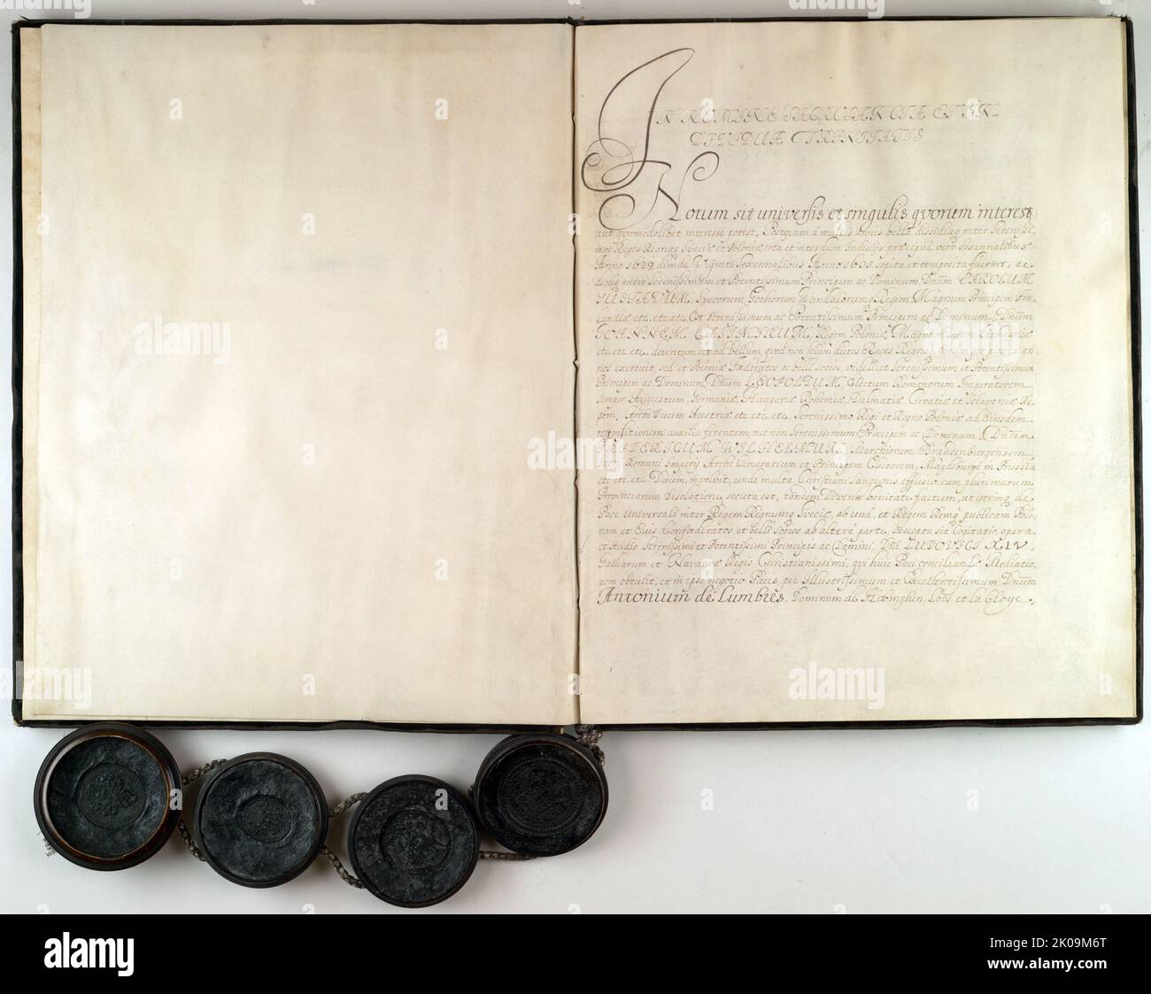 Der Vertrag von Oliva vom 23. April 1660 war einer der Friedensverträge, die den Zweiten Nordischen Krieg (1655-1660) beendeten. Der Vertrag von Oliva, der Vertrag von Kopenhagen im selben Jahr und der Vertrag von Cardis im folgenden Jahr markierten den Höhepunkt des schwedischen Reiches. Stockfoto