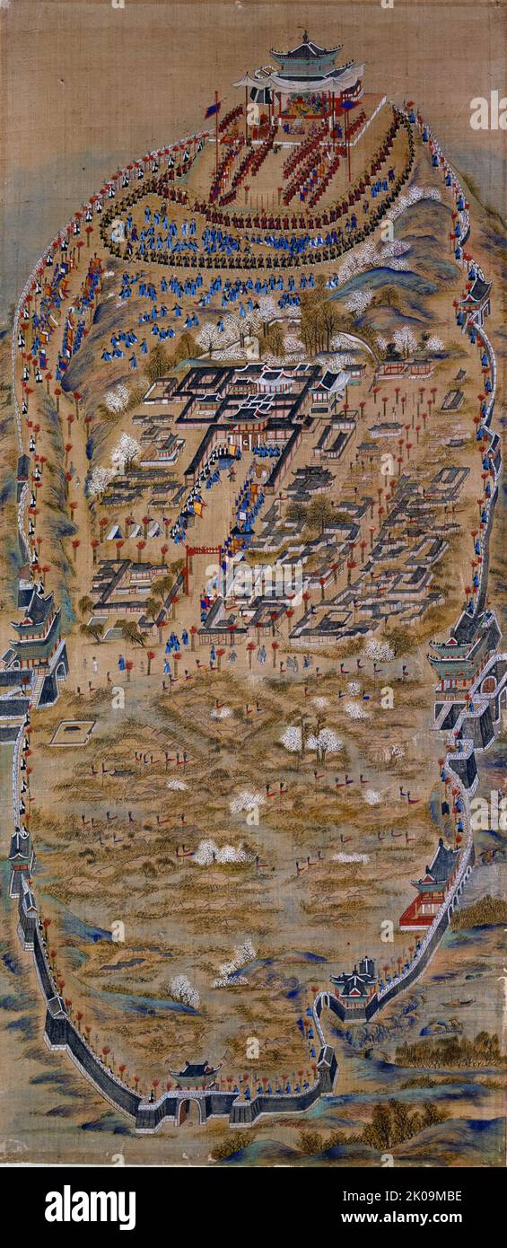 Achttägige Prozession unter der Leitung von König Jeongjo. Nächtliche Militärübungen in Seojangdae, 1795. König Jeongjos Prozession mit seiner Mutter Lady Hyegyeonggung Hong, später Königin Heongyeong an ihrem 60.. Geburtstag, im Jahr 1795 zum Grab seines Vaters Kronprinz Sado (1735-1762). Hwaseong wurde auf einem achtfachen Leinwandbild dargestellt. Jeongjo von Joseon (28. Oktober 1752 22. - 18. August 1800) war der Herrscher der Joseon-Dynastie von Korea, 1776-1800. Er unternahm verschiedene Versuche, die koreanische Nation zu reformieren und zu verbessern. Stockfoto