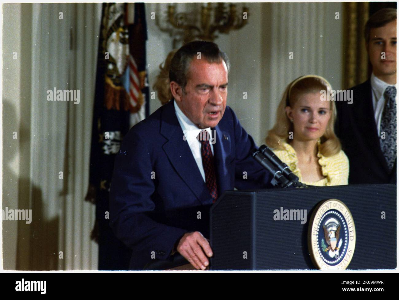 Richard Nixon (1913 - 1994), Präsident der Vereinigten Staaten, diente von 1969 bis 1974. Nixon, ein Mitglied der Republikanischen Partei, diente zuvor von 1953 bis 1961 als Vizepräsident von 36. und wurde nach dem Watergate-Skandal der einzige Präsident, der aus dem Amt zurücktrat. Stockfoto
