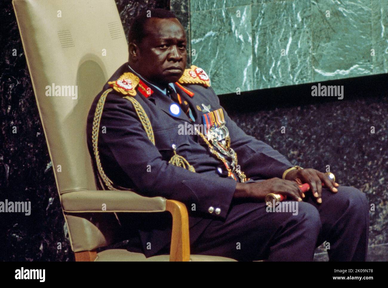 IDI Amin Dada Oumee (1925 - 2003) war ein ugandischer Militäroffizier, der von 1971 bis 1979 als dritter Präsident Ugandas und de facto als Militärdiktator fungierte. Er gilt als einer der brutalsten Despoten der Weltgeschichte. Stockfoto