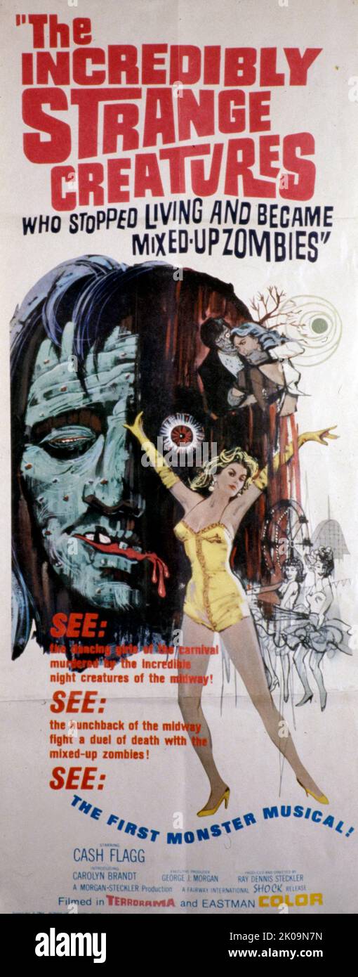 Filmplakat für „The Incredibly Strange Creatures Who Stopped Living and Monstered-Up Zombies“, einen amerikanischen Monsterfilm aus dem Jahr 1964, der von Ray Dennis Steckler geschrieben und Regie geführt wurde. Nach der Veröffentlichung erhielt der Film negative Kritiken und wird von einigen Kritikern als einer der schlimmsten Filme angesehen, die jemals gedreht wurden. Stockfoto