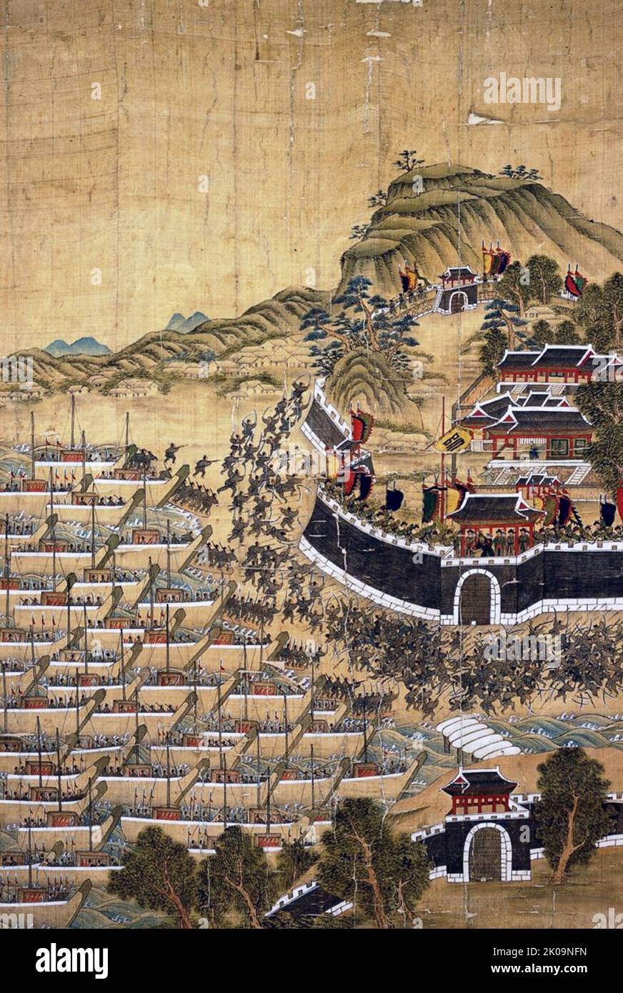 Die Schlacht von Busan von 1592 (Schlacht von Busanpo oder Schlacht von Busan Bay), ein Marineangriff auf verankerte japanische Schiffe in Busan. Yi Sun-Sin schaffte es, über 100 japanische Schiffe zu zerstören und zog sich mit minimalen Verletzten zurück. Es war ein Seeangriff, der am 1. September 1592 während der ersten Phase der japanischen Invasion Koreas stattfand. Stockfoto