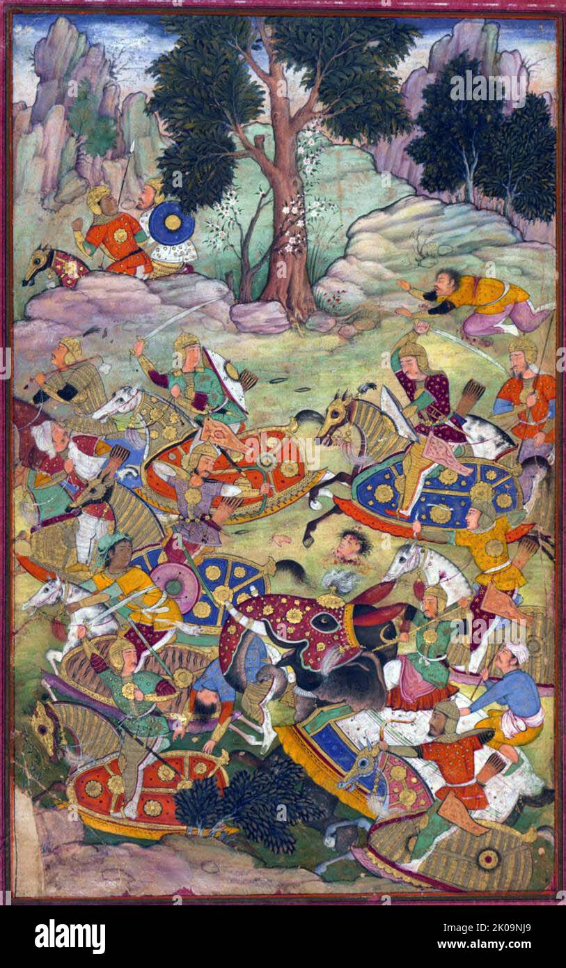 Die Schlacht von Panipat und der Tod von Sultan Ibrahim, 1526. Die erste Schlacht von Panipat fand am 21. April 1526 in Nordindien zwischen den eindringenden Truppen Baburs und dem Lodi-Reich statt. Es markiert den Beginn des Mogulreiches. Dies war eine der frühesten Schlachten mit Schusswaffen und Feldartillerie. Stockfoto