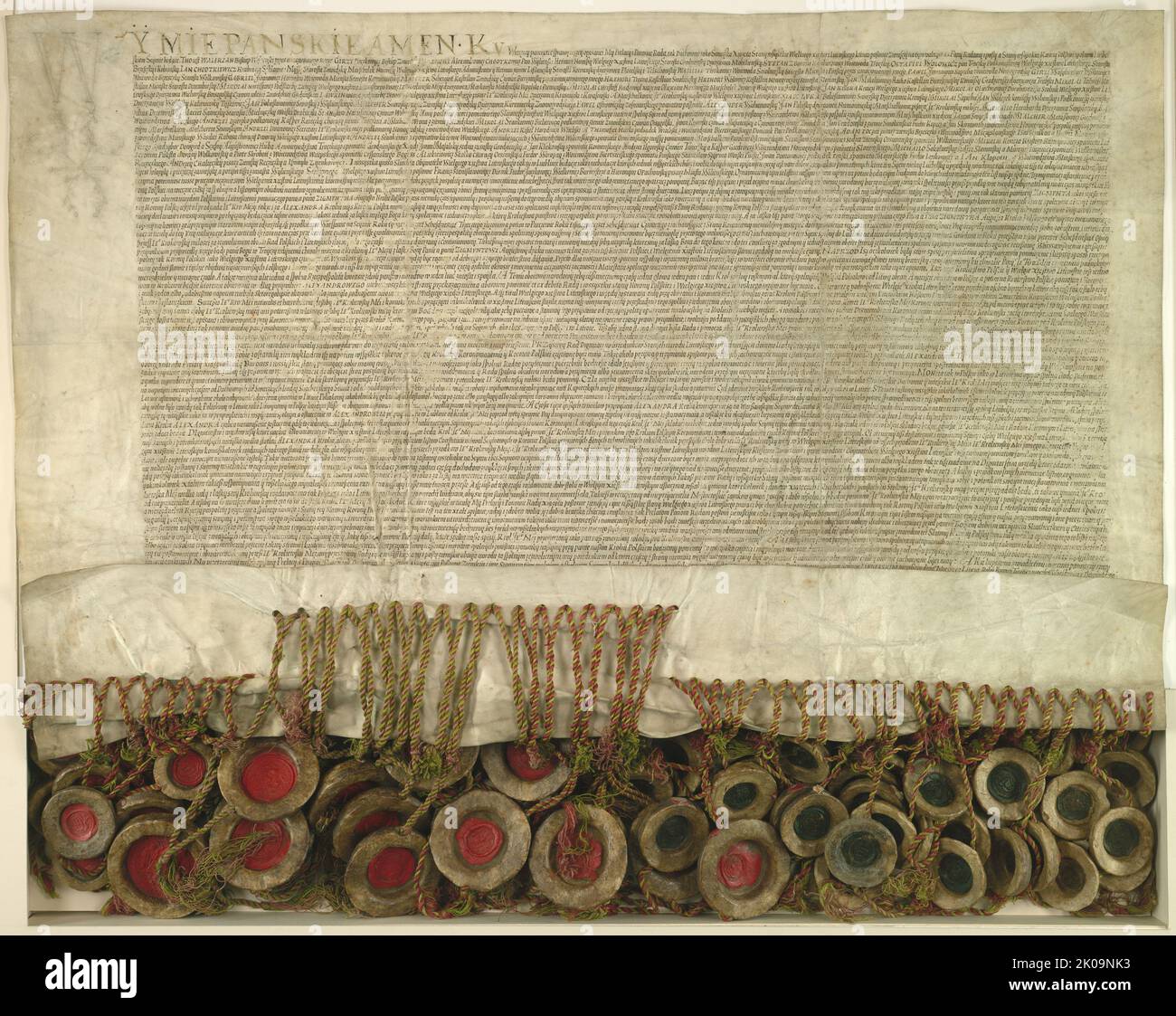 Union of Lublin (1569). Die am 1. Juli 1569 in Lublin unterzeichnete Vereinigung Polens mit dem Großherzogtum Litauen war die letzte Phase des am 14. August 1385 in Krewo begonnenen Prozesses, durch den der Großherzog Litauens, Jogaila, der zum König Wladyslaw II. Jagiello von Polen ernannt wurde, verpflichtete sich, die Gebiete Litauen und Ruthenien in einer ständigen Gewerkschaft mit dem polnischen Königreich zu verbinden. Stockfoto