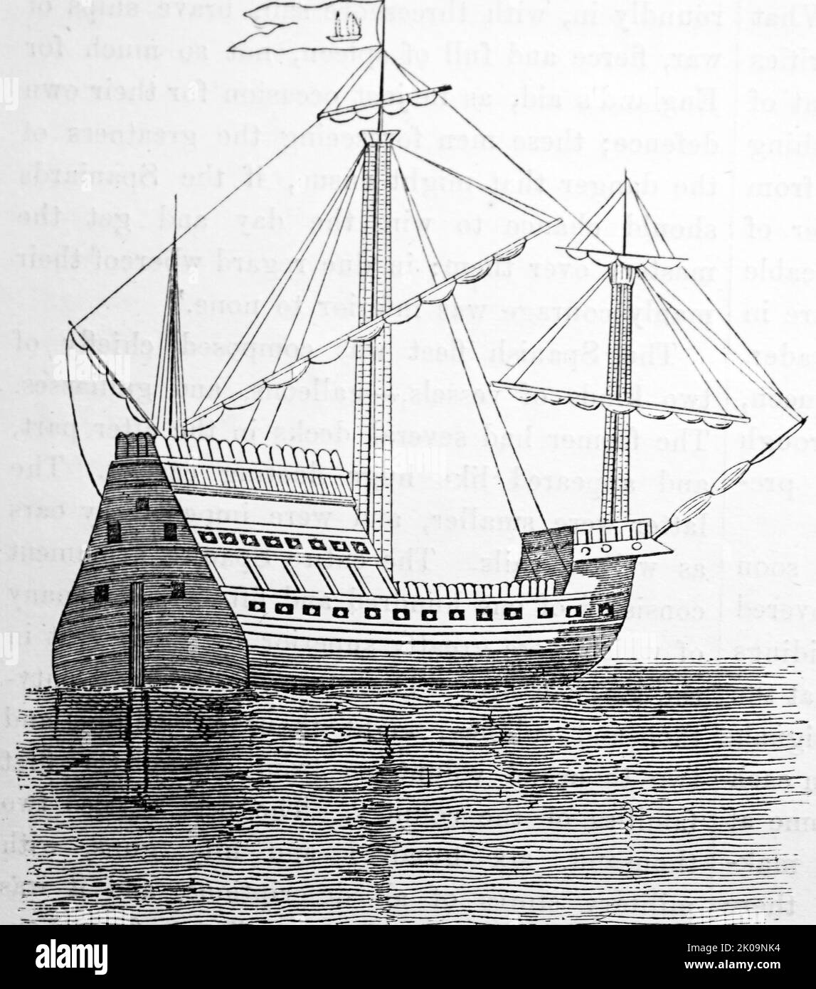 Spanische Galeone. Galeonen waren große, mehrstockige Segelschiffe, die von den europäischen Staaten im Zeitalter der Segel zwischen dem 16.. Und 18.. Jahrhundert als bewaffnete Frachtführer eingesetzt wurden und die wichtigsten Schiffe, die bis zu den anglo-niederländischen Kriegen Mitte 1600s als Kriegsschiffe entworfen wurden. Stockfoto