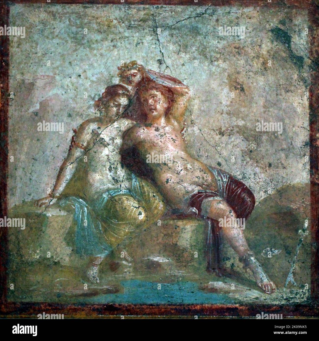 Römisches Fresko mit Perseus und Andromeda, gefunden in Pompeji im Haus der farbigen Hauptstädte (VII, 4, 51-31, oecus 17). Jetzt im Nationalen Archäologischen Museum von Neapel (Inv. L 8996, S. Römisches 1. Jahrhundert n. Chr. Stockfoto