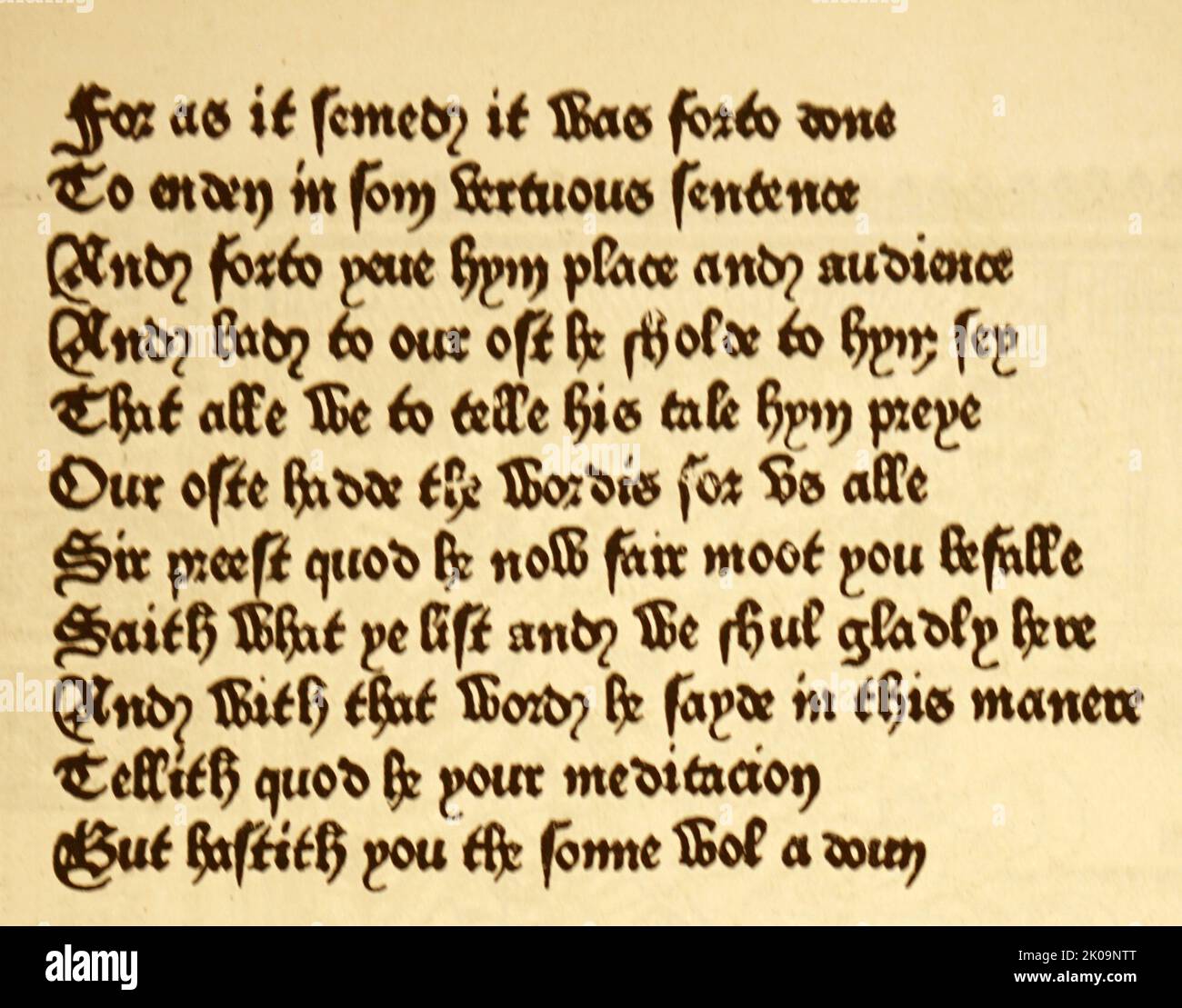 Die Canterbury Tales. Illustration und Text, gedruckt von William Caxton im Jahre 1476. William Caxton (c. 1422 - c. 1491) war ein englischer Kaufmann, Diplomat und Schriftsteller. Er gilt als der erste, der 1476 eine Druckmaschine in England eingeführt hat, und war als Drucker der erste englische Einzelhändler für gedruckte Bücher. Stockfoto