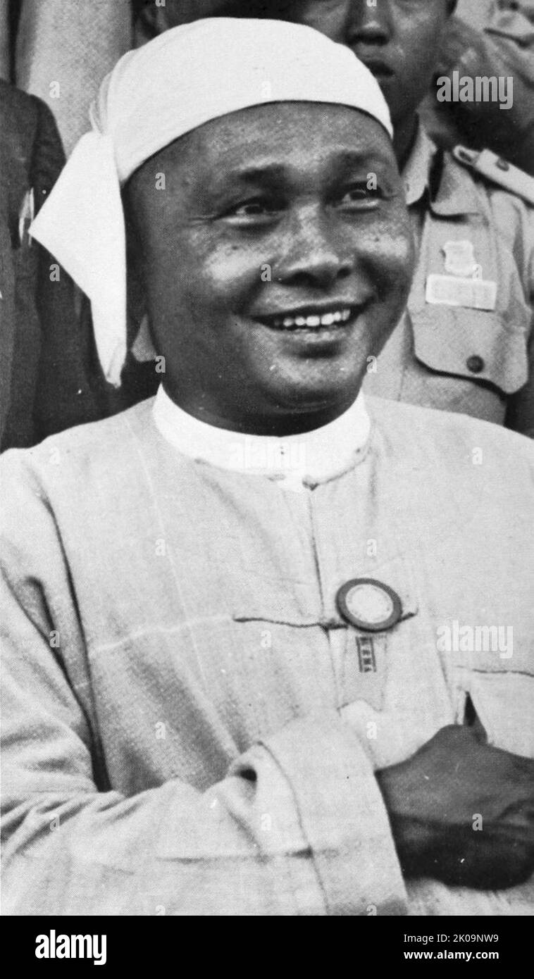 U Nu (1907 - 1995), bekannt unter dem Ehrennamen Thakin Nu, führender burmesischer Staatsmann und nationalistischer Politiker. Er war vom 4. Januar 1948 bis zum 12. Juni 1956, erneut vom 28. Februar 1957 bis zum 28. Oktober 1958 und schließlich vom 4. April 1960 bis zum 2. März 1962 der erste Premierminister von Birma gemäß den Bestimmungen der Verfassung der Union von Birma aus dem Jahr 1947. Stockfoto