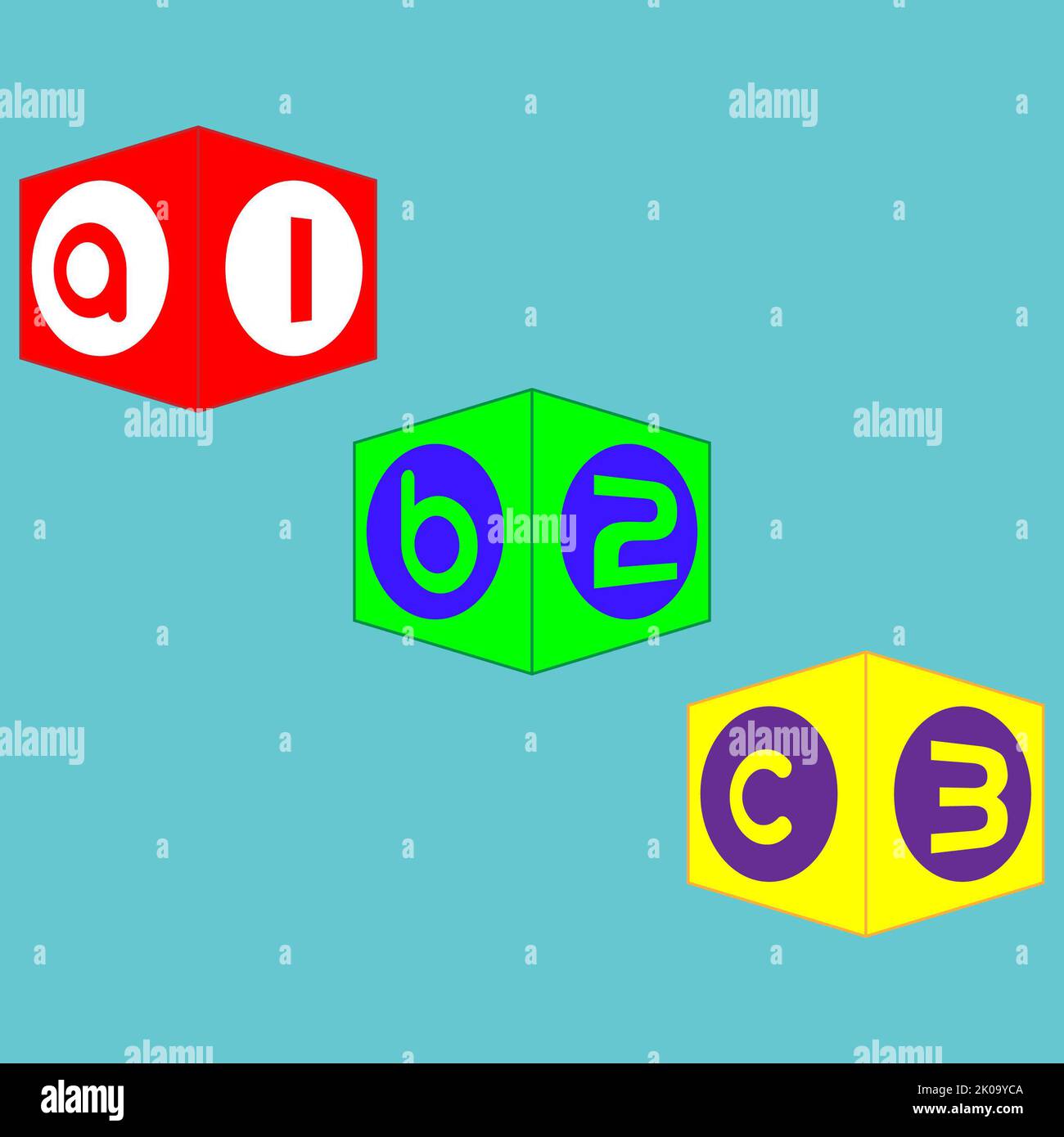Buchstabenwürfel und Zahlenwürfel, die für das Lernen im frühen Alter verwendet werden, pädagogische Würfel mit Buchstaben- und Zahlenbeispielen, Minimalismus Stockfoto