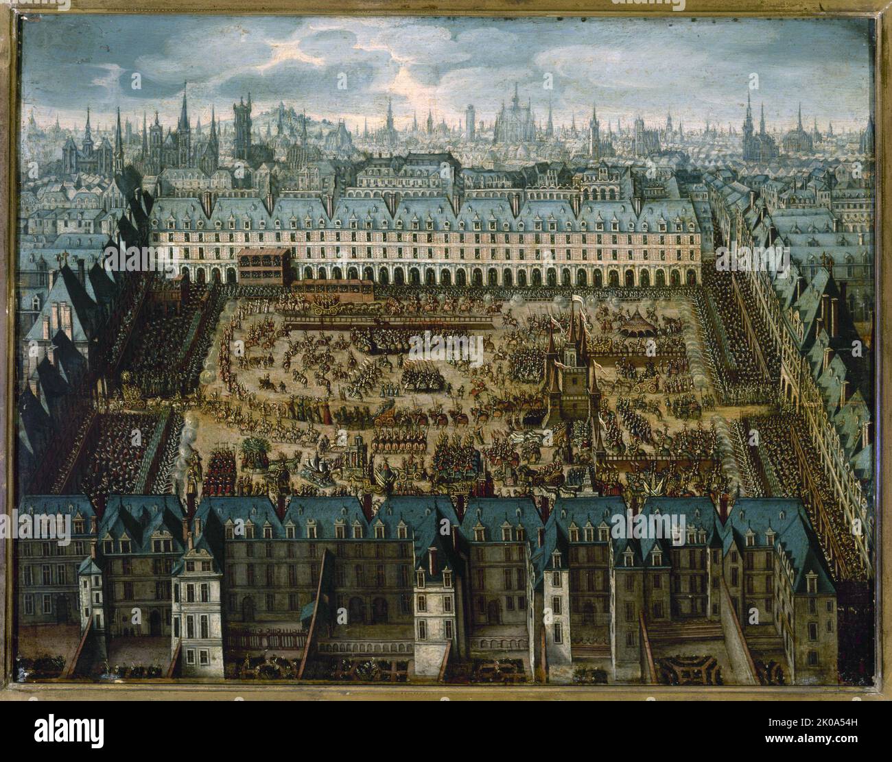 "Geschichte der Ritter des Ruhms", ein großes Karussell auf dem Place Royale (aktueller Place des Vosges) vom 5. Bis 7. April 1612 anlässlich der Hochzeit von Ludwig XIII. Mit Anne von Österreich, derzeit 4. Arrondissement. Stockfoto