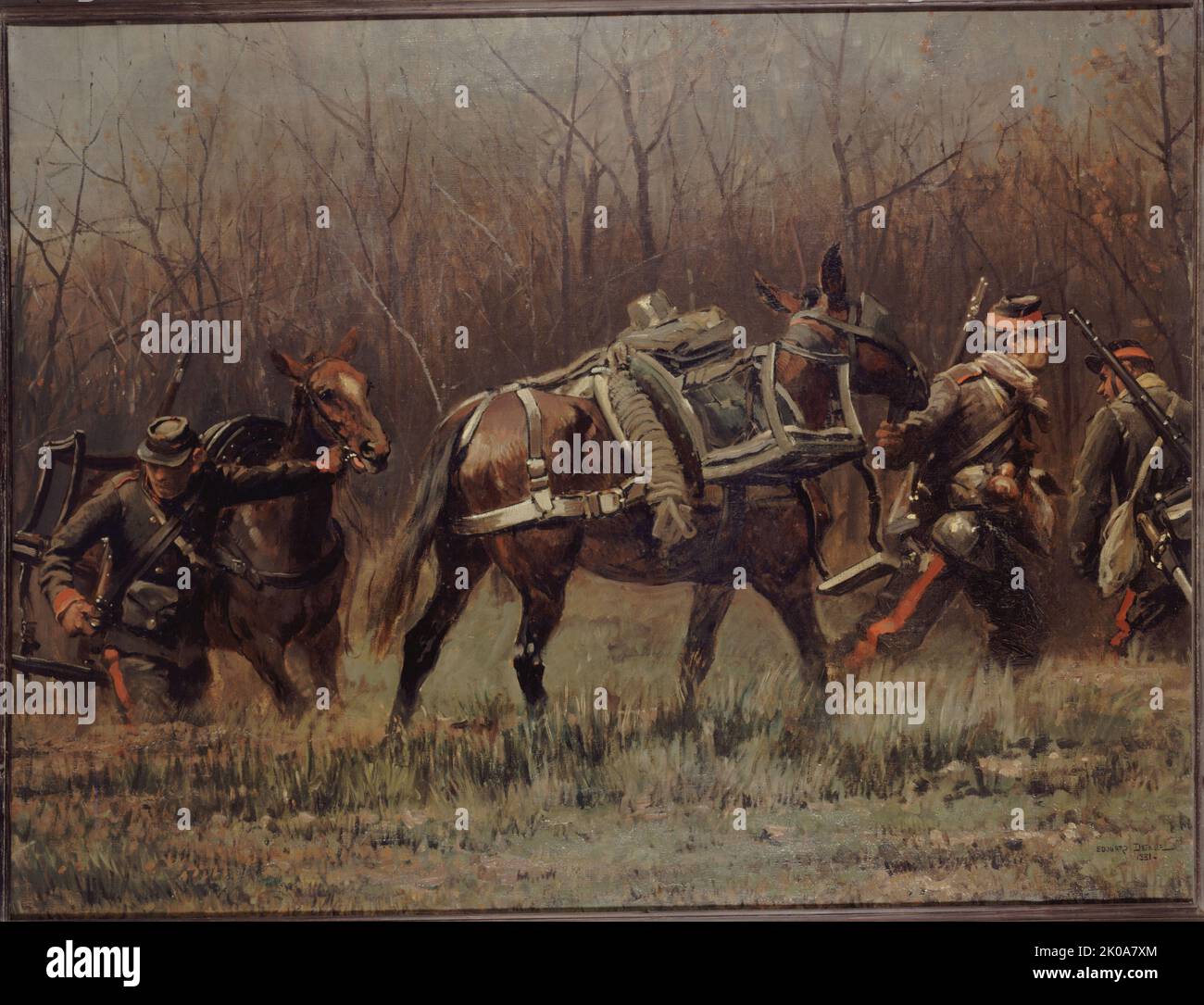 Militärszene: Mobile Einheiten mit Krankenwagen-Maultieren (Fragment des Panoramas von Champigny), 1881. Stockfoto