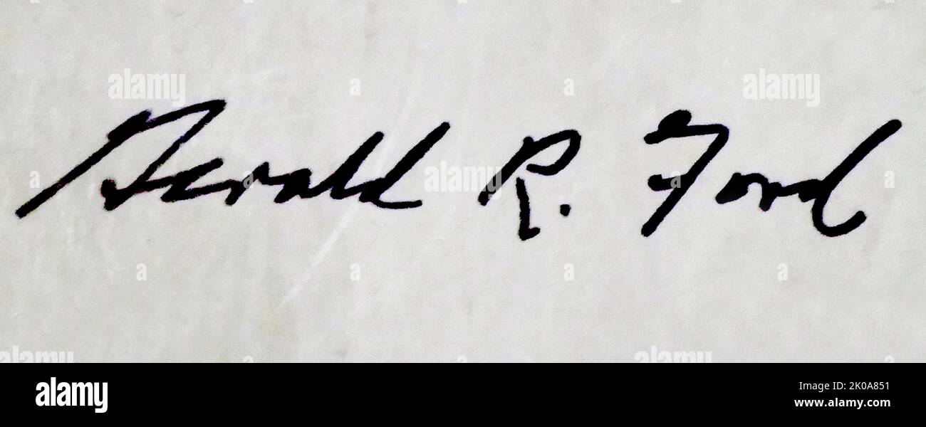 Unterschrift von Gerald Ford, als er das King David Hotel, Jerusalem, besuchte, Marmorbodenfliesen Stockfoto