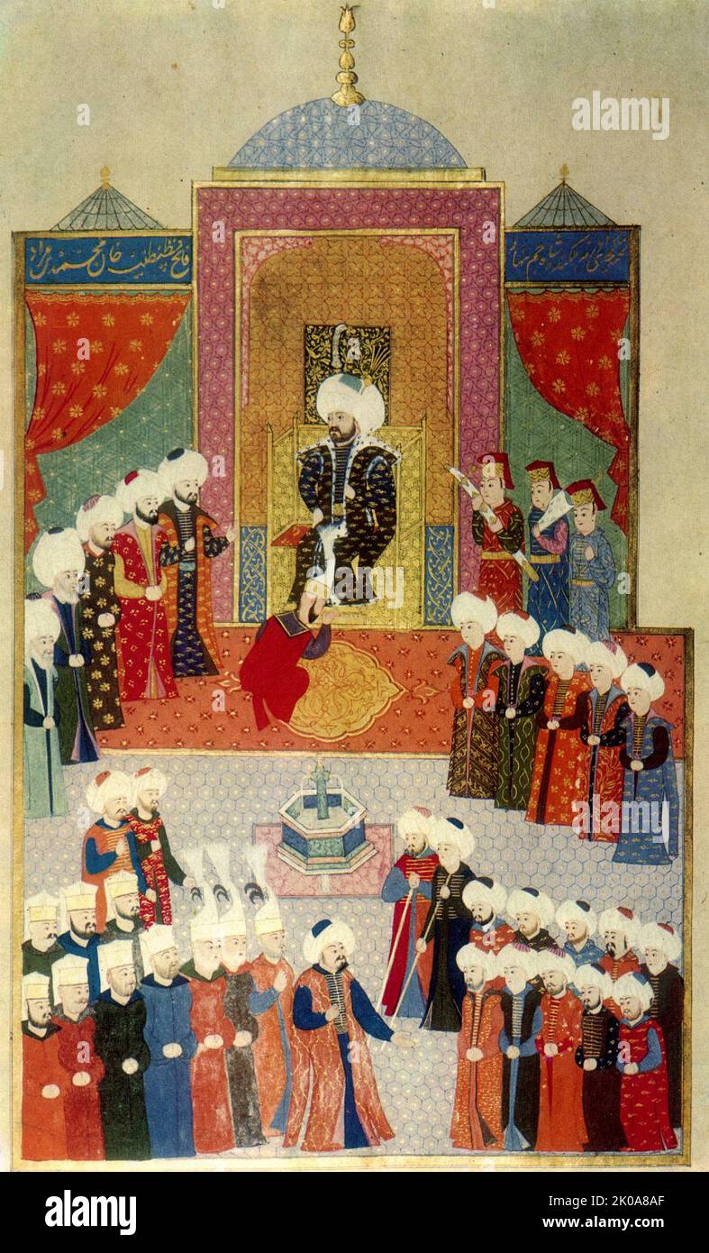 Mehmed II (1432 - 1481), bekannt als Mehmed der Eroberer. Osmanischer Sultan, der von August 1444 bis September 1446 und von Februar 1451 bis Mai 1481 regierte. In der ersten Regierungszeit von Mehmed II. Besiegte er den Kreuzzug unter der Führung von John Hunyad. Als Mehmed II. 1451 erneut den Thron bestieg, stärkte er die osmanische Marine und bereitete sich auf den Angriff auf Konstantinopel vor. Im Alter von 21 Jahren eroberte er Konstantinopel (das heutige Istanbul) und brachte dem Byzantinischen Reich ein Ende. Stockfoto