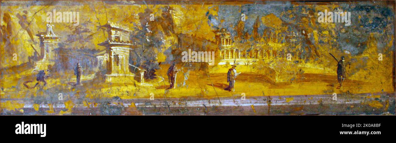 Gelbes Monochrom, von einem unbekannten Künstler, römisches Fresko mit einer Szene von Gebäuden. Museo Archeologico Nazionale, Neapel, Kampanien, Italien. Fresko mit Rissen. 45 N. CHR. Stockfoto