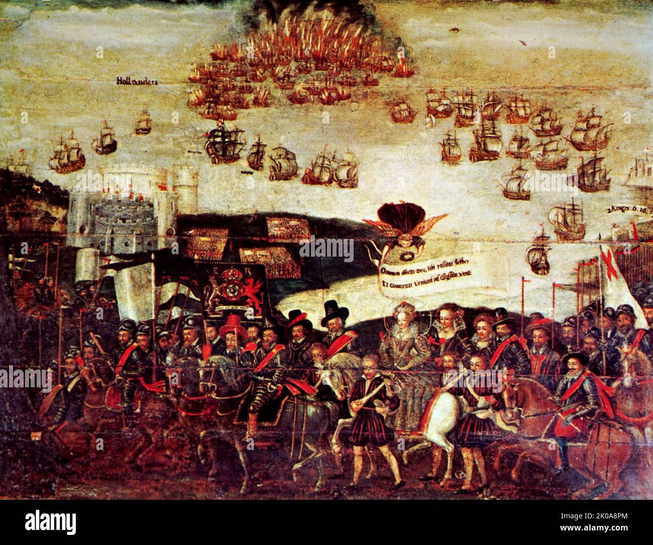 Die Engländer waren nicht überzeugt, dass die Armada geschlagen worden war, so dass Tausende von Freiwilligen in Tilbury in der Nähe von London massierten, um eine Invasion abzuwehren. Elizabeth wird beim Reiten nach Tilbury gezeigt. Stockfoto