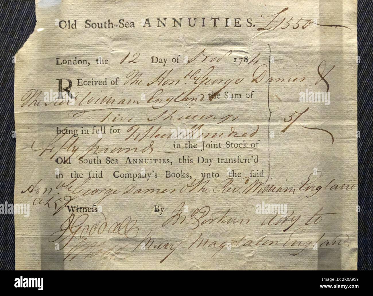 South Sea Renten share Certificate, London, 1784. Die South Sea Company kaufte britische Staatsverschuldung als Gegenleistung für Handelsrechte mit den südamerikanischen Kolonien Spaniens. Stockfoto
