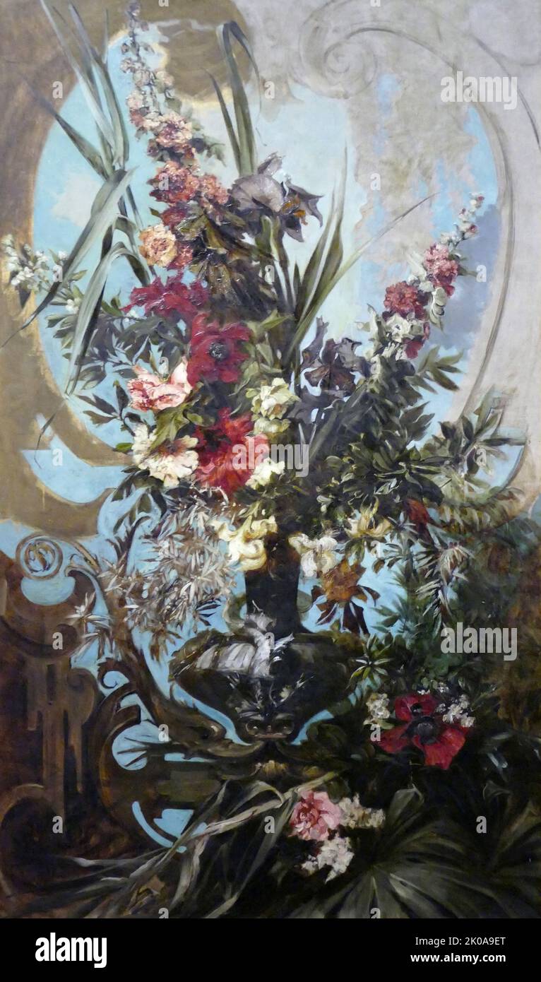 Dekorativer Blumenstrauß, 1884. Öl auf Leinwand, von Hans Makart. Hans Makart (28. Mai 1840 - 3. Oktober 1884) war ein österreichischer Maler, Designer und Dekorator aus dem 19.. Jahrhundert. Er ist vor allem für seinen Einfluss auf Gustav Klimt und andere österreichische Künstler bekannt, aber in seiner eigenen Ära galt er selbst als wichtiger Künstler in der Hochkultur Wiens Stockfoto