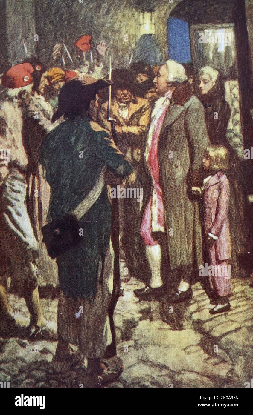 Der König folgte und hielt die Hand des kleinen Dauphin. Malen. Louis XVII (geboren Louis Charles, Herzog von der Normandie; 27. März 1785 - 8. Juni 1795) war der jüngere Sohn von König Ludwig XVI. Von Frankreich und Königin Marie Antoinette. Sein älterer Bruder, Louis Joseph, Dauphin von Frankreich, starb im Juni 1789, etwas mehr als einen Monat vor dem Beginn der Französischen Revolution Stockfoto