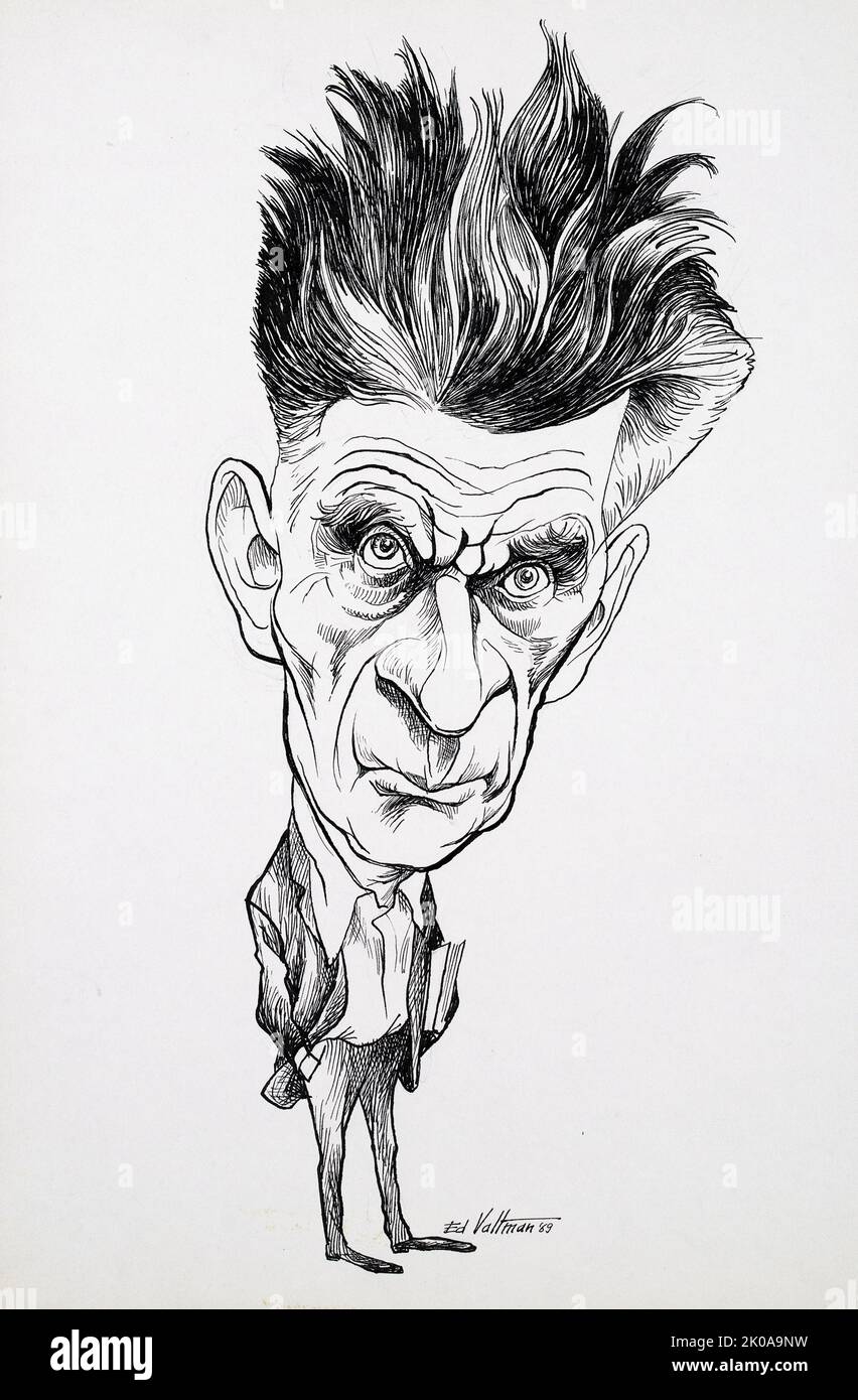Samuel Beckett von Edmund S. Valtman, 1969. Karikatur von Samuel Barclay Beckett (13. April 1906 - 22. Dezember 1989), einem irischen Schriftsteller, Dramatiker, Kurzgeschichtenschreiber, Theaterdirektor, Dichter, Und Literaturübersetzer, Nobelpreisträger und Autor des international gefeierten Stücks Waiting for Godot. Beckett, der nie ein Fan des öffentlichen Lebens war, entschied sich, in Theologie, Literatur und Philosophie einzutauchen Stockfoto