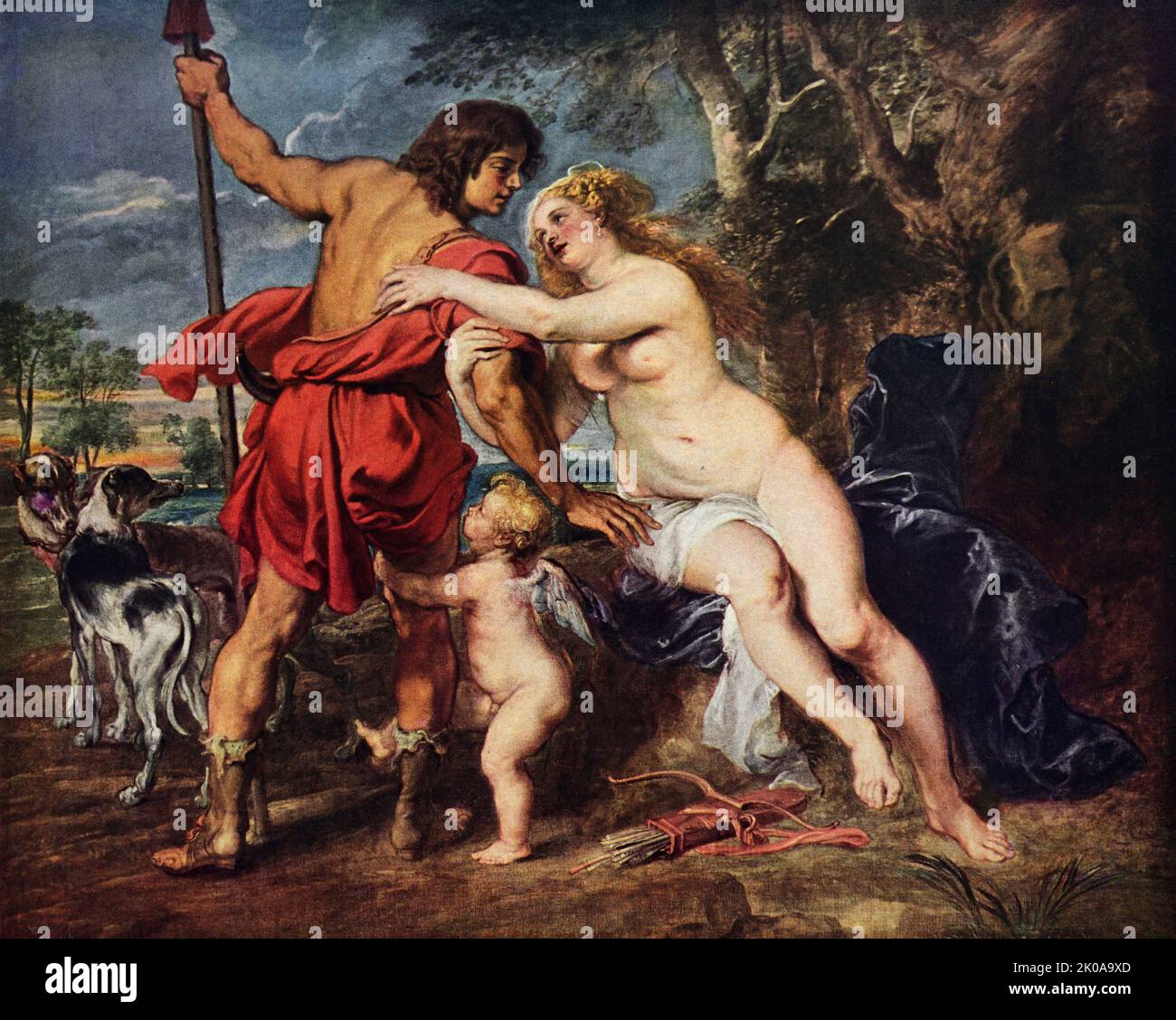 Venus und Adonde, Ölgemälde von Rubens. Sir Peter Paul Rubens (28. Juni 1577 - 30. Mai 1640) war ein flämischer Künstler und Diplomat aus dem Herzogtum Brabant in den südlichen Niederlanden (heute Belgien). Er gilt als der einflussreichste Künstler der flämischen Barocktradition Stockfoto