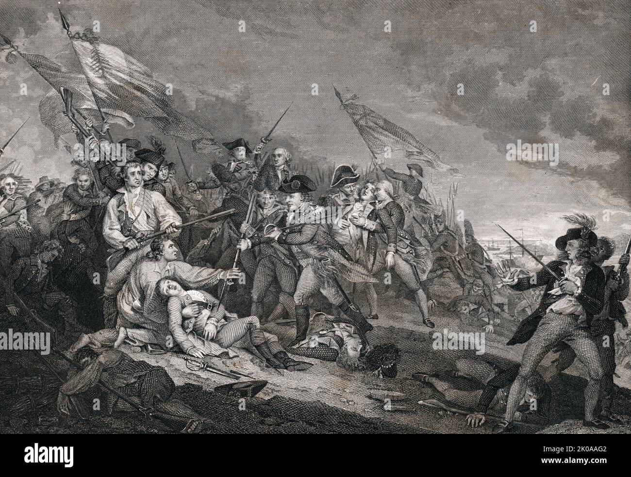 The Battle at Bunker Hill near Boston, 17. Juni 1775 von John Trumbull (1756-1843). Der Druck zeigt britische und amerikanische Soldaten in Hand-in-Hand-Kämpfen während der Schlacht von Bunker Hill. Die Schlacht von Bunker Hill wurde während der Belagerung von Boston in der ersten Phase des amerikanischen Revolutionskrieges ausgetragen Stockfoto