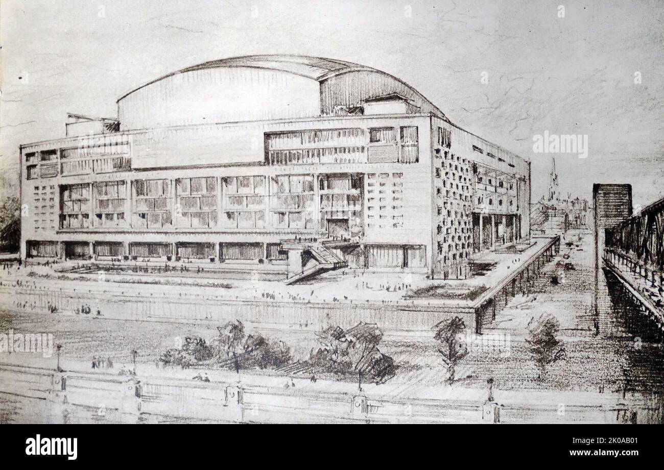 Design für die Royal Festival Hall, Konzert-, Tanz- und Gesprächsstätte im Southbank Centre in London. Die Halle wurde als Teil des Festival of Britain für den London County Council errichtet und am 3. Mai 1951 offiziell eröffnet Stockfoto