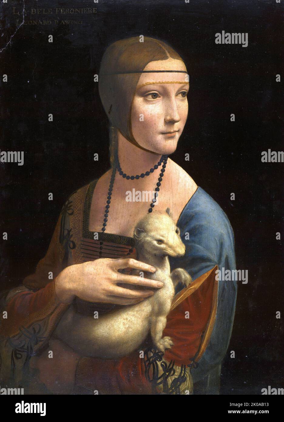 Die Dame mit einem Ermin; ein Porträtgemälde, das dem italienischen Renaissance-Künstler Leonardo da Vinci zugeschrieben wird. Datiert auf ca. 1489-1491, ist das Werk in Öl auf einer Platte aus Walnussholz gemalt. Das Thema ist Cecilia Gallerani, eine Geliebte von Ludovico Sforza, Herzog von Mailand Stockfoto