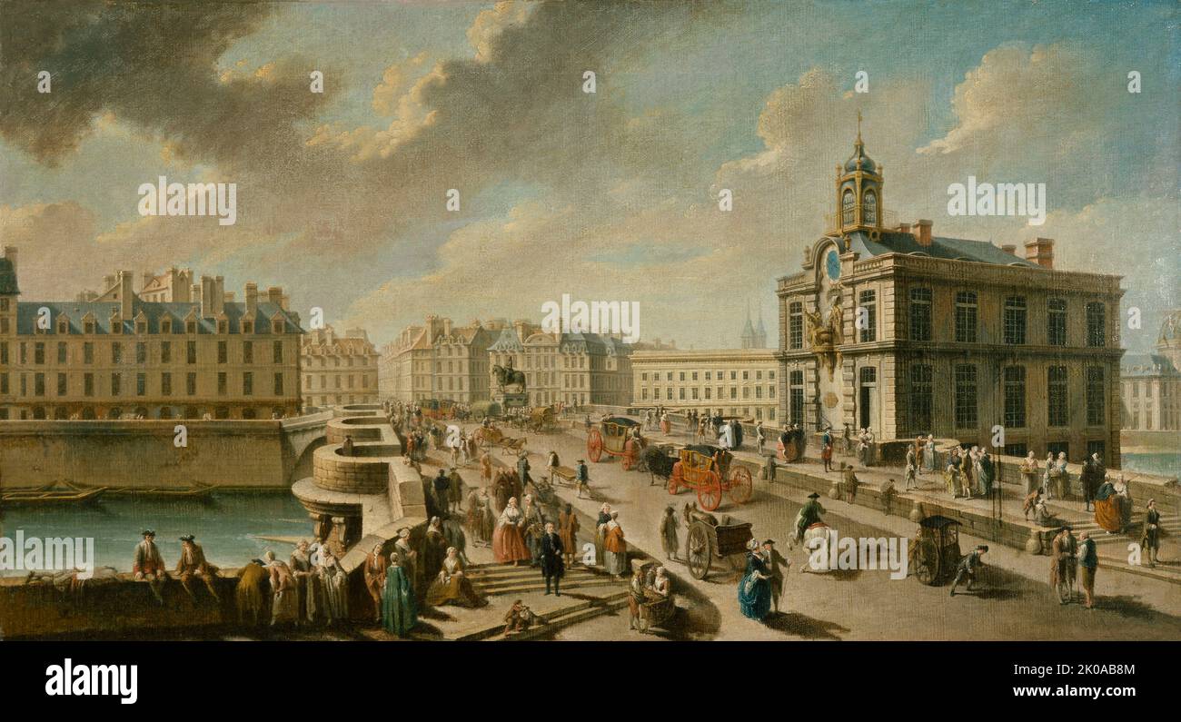 Pont-Neuf und Samaritaine-Pumpe, vom Megisserie-Kai aus gesehen, 1777. Stockfoto