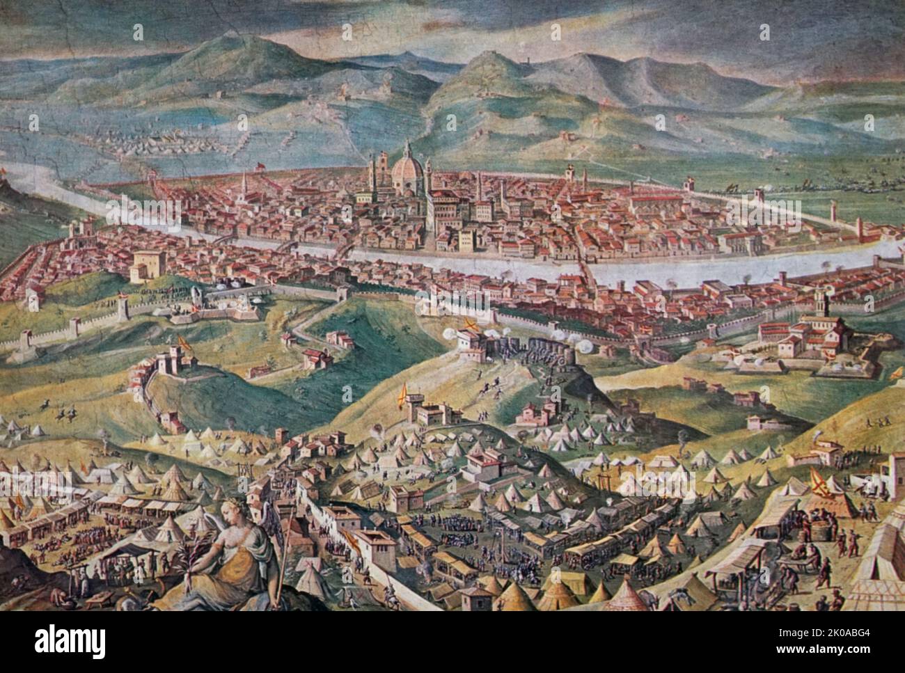 Florenz belagert. Ein Panorama von Vasari, das zeigt, wie die republik 1530 schließlich zerschlagen wurde. Giorgio Vasari (30. Juli 1511 - 27. Juni 1574) war ein italienischer Maler, Architekt, Ingenieur, Schriftsteller und Historiker Stockfoto